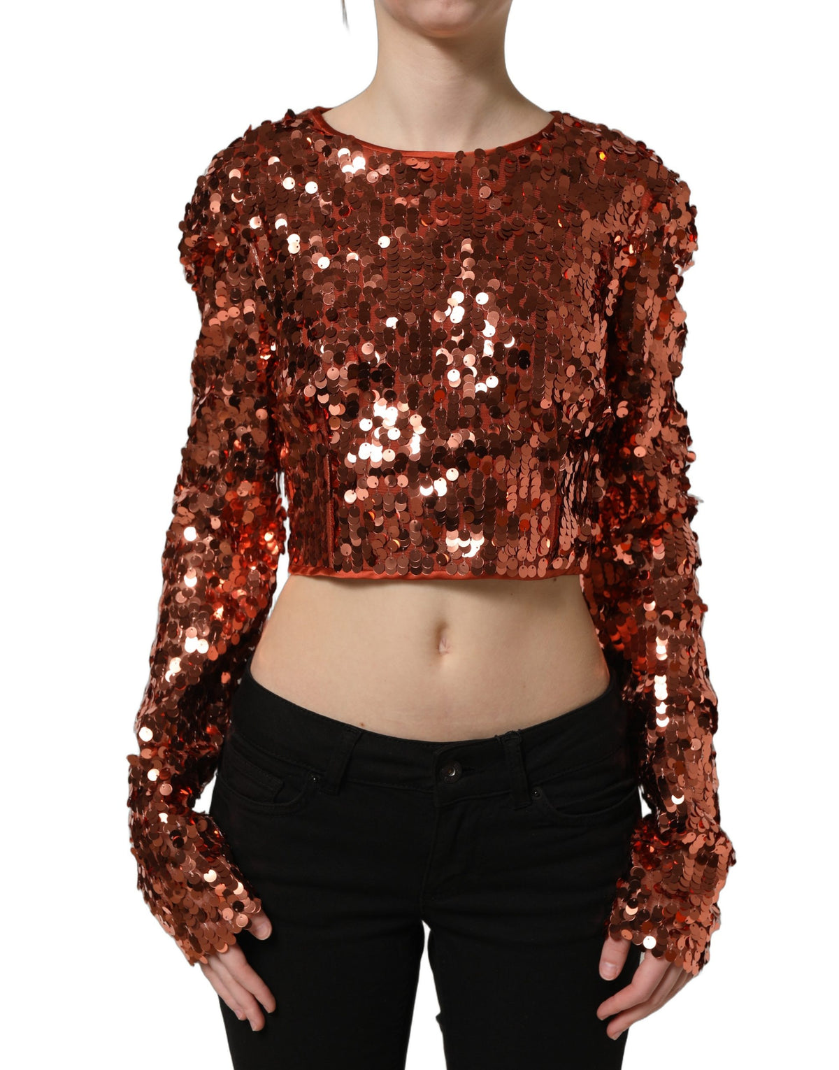 Dolce & Gabbana Red Sequined Long Sleeves Crop Blouse Women's Top