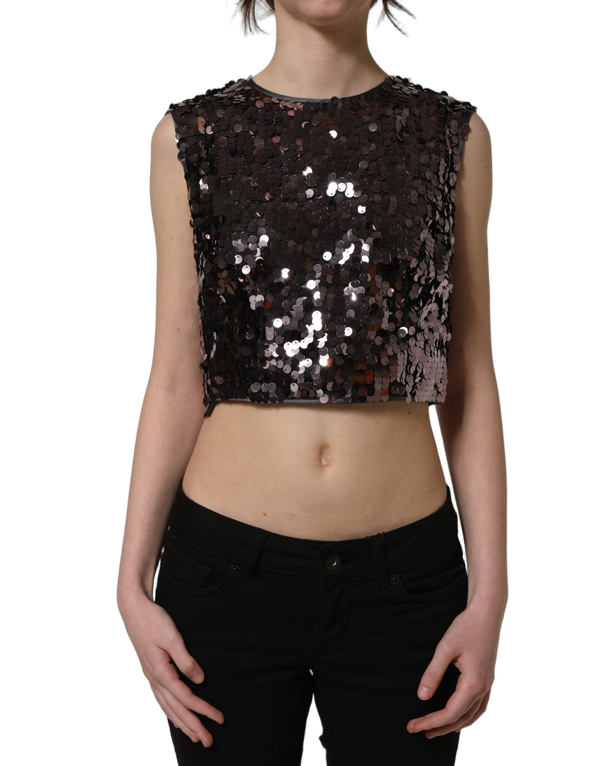 Dolce & Gabbana Purple Sequined Sleeveless Cropped Tank Women's Top