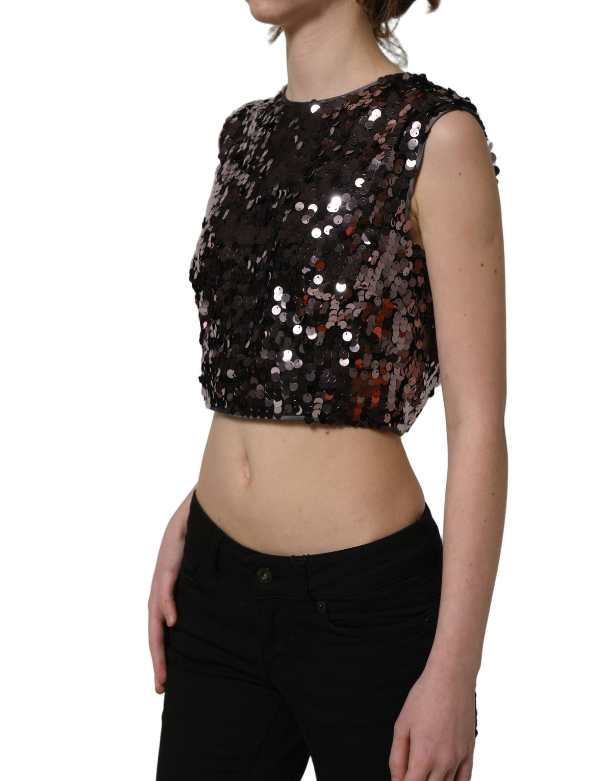 Dolce & Gabbana Purple Sequined Sleeveless Cropped Tank Women's Top