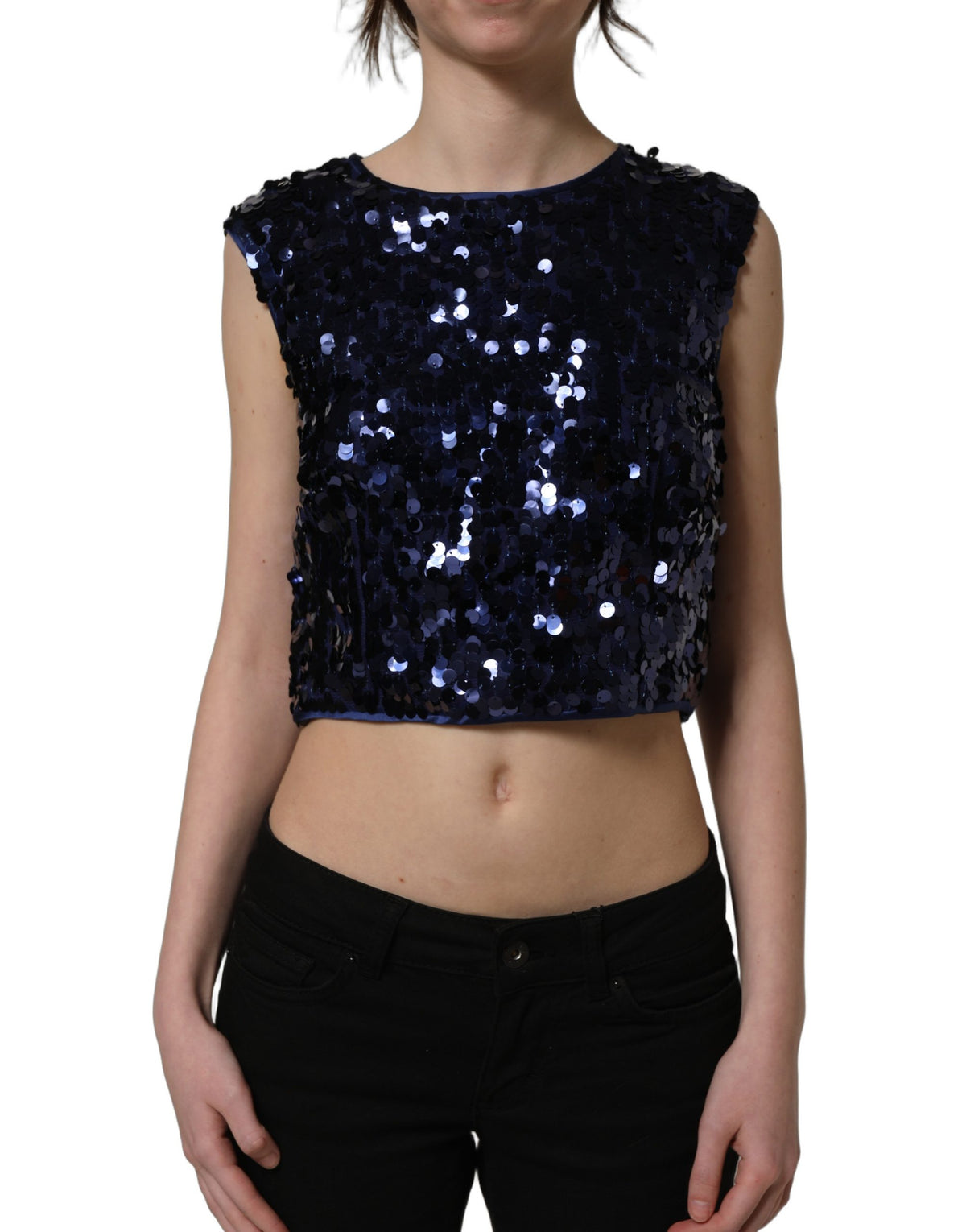 Dolce & Gabbana Blue Sequined Sleeveless Cropped Tank Women's Top