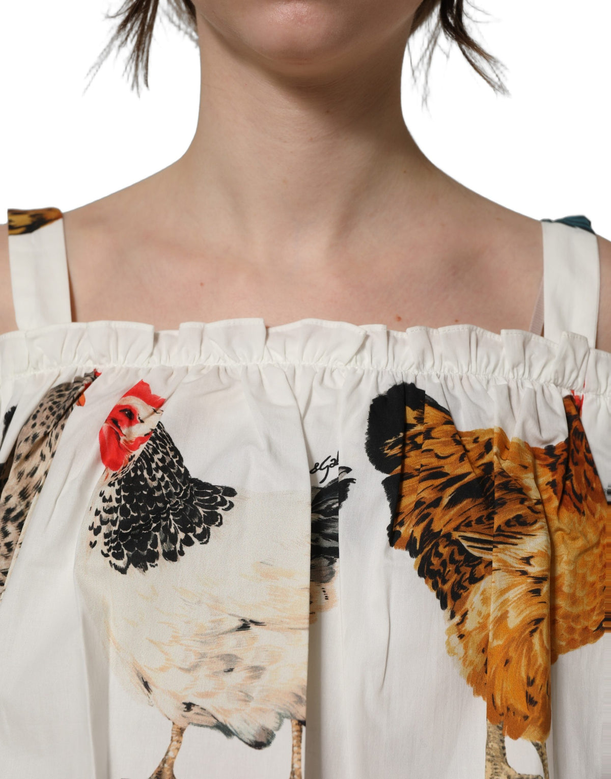 Dolce & Gabbana White Rooster Print Poplin Off The Shoulder Women's Top
