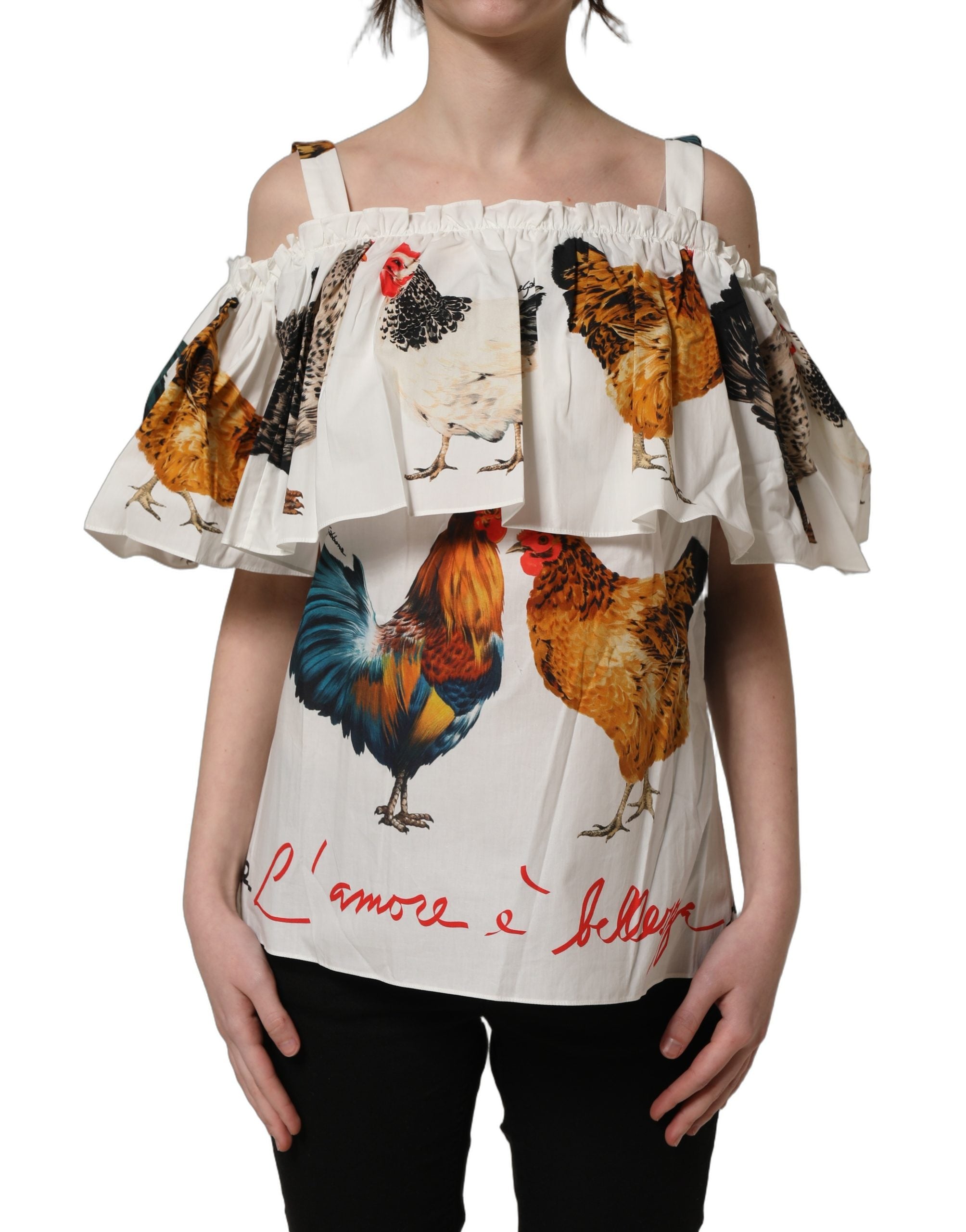 Dolce & Gabbana White Rooster Print Poplin Off The Shoulder Women's Top