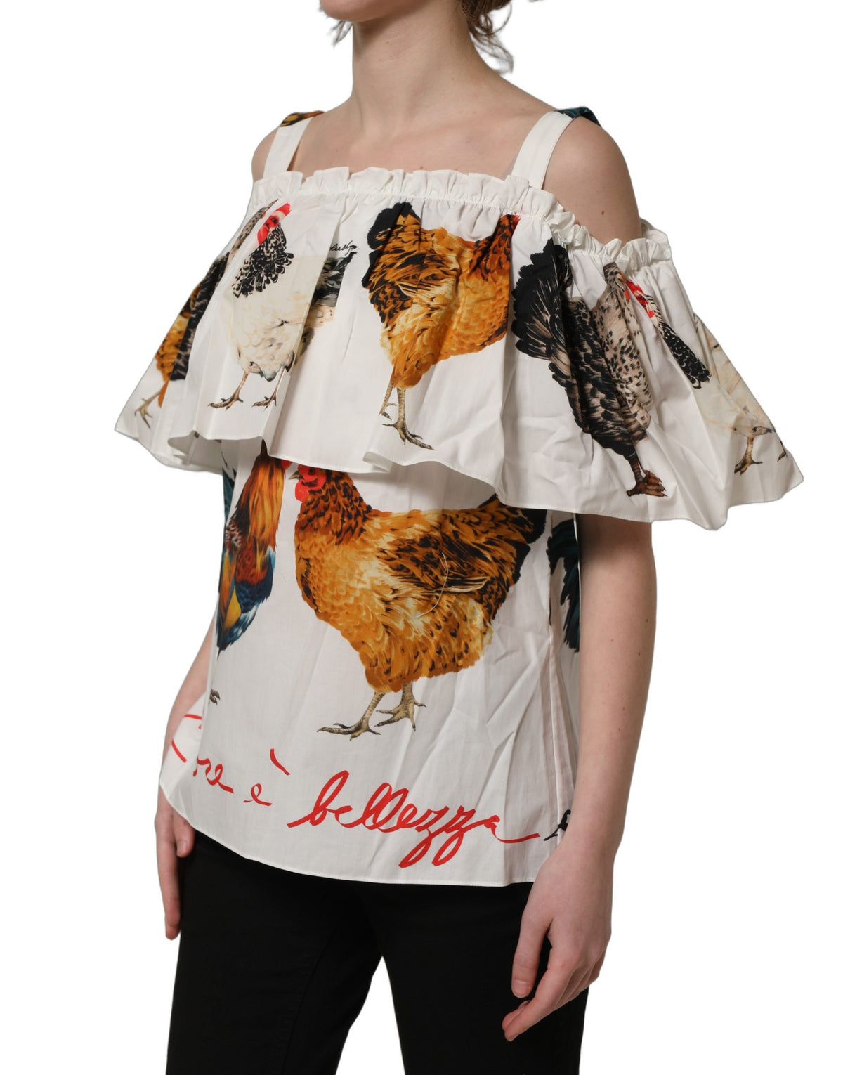 Dolce & Gabbana White Rooster Print Poplin Off The Shoulder Women's Top