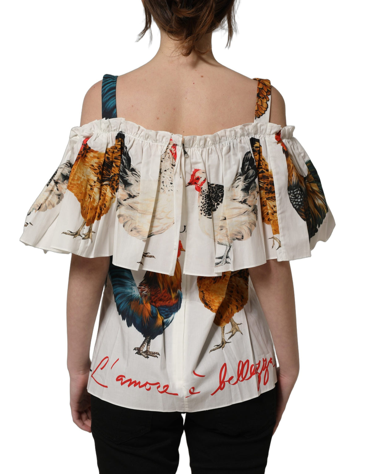 Dolce & Gabbana White Rooster Print Poplin Off The Shoulder Women's Top
