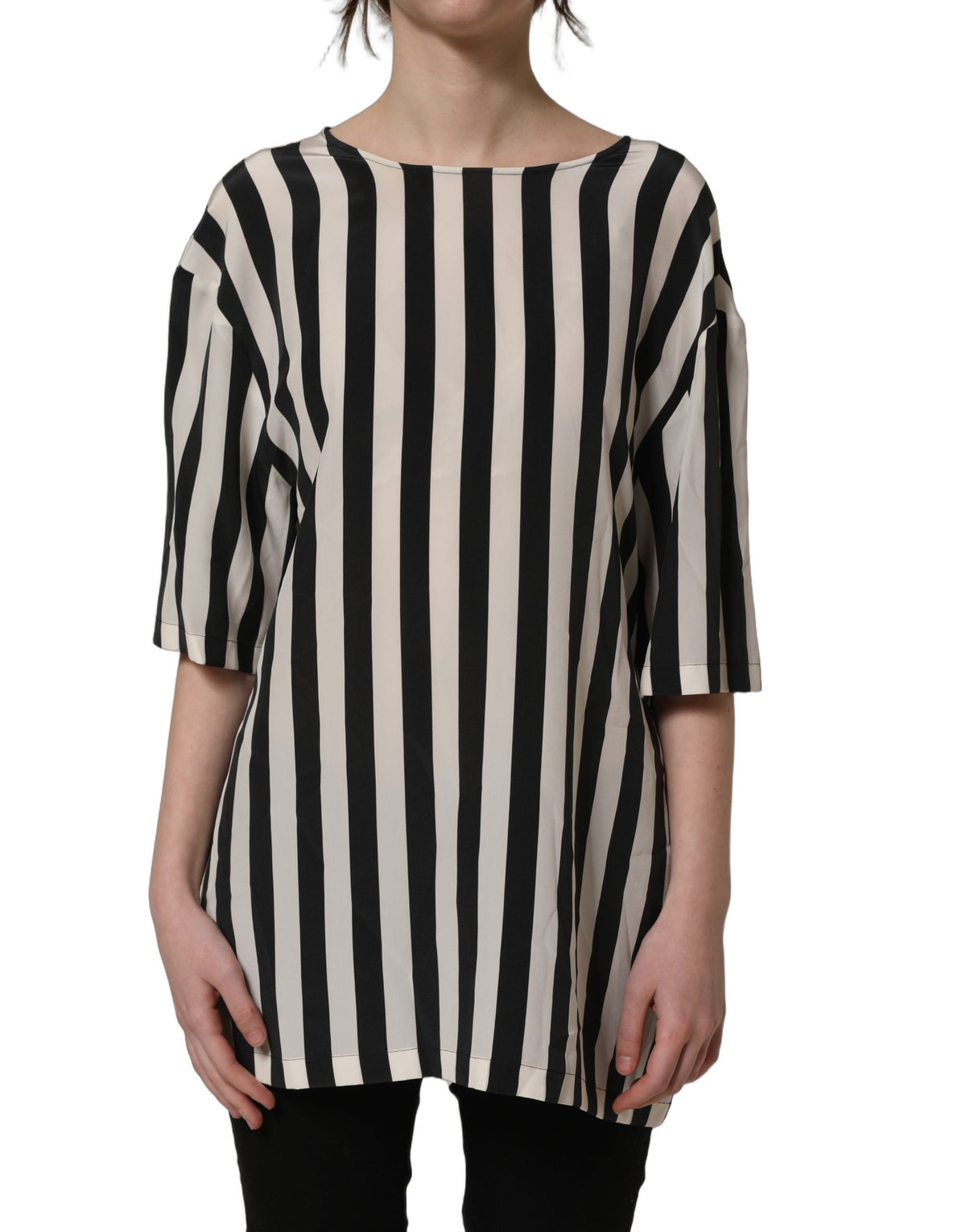 Dolce & Gabbana Black White Stripes Round Neck Blouse Women's Top