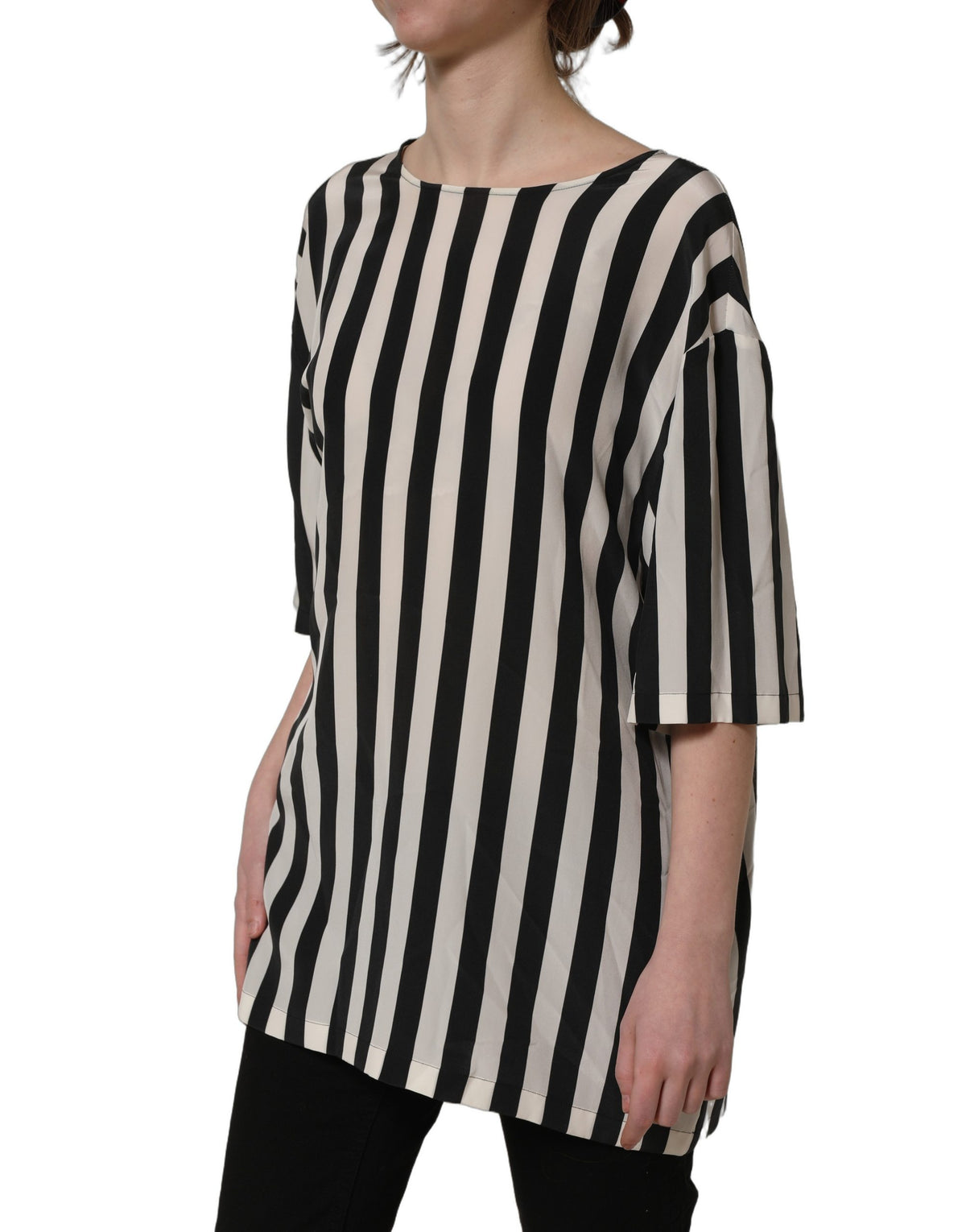 Dolce & Gabbana Black White Stripes Round Neck Blouse Women's Top