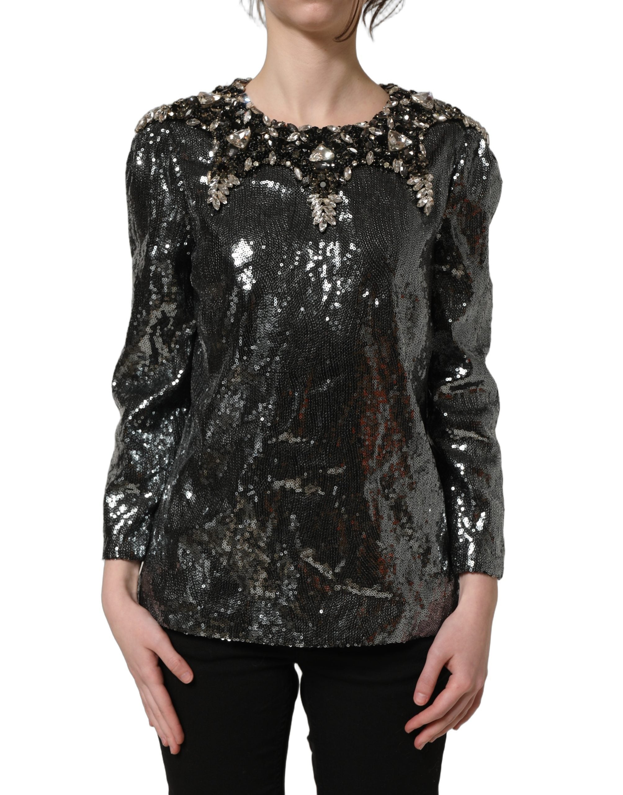Dolce & Gabbana Metallic Gray Sequin Embellished Blouse Women's Top
