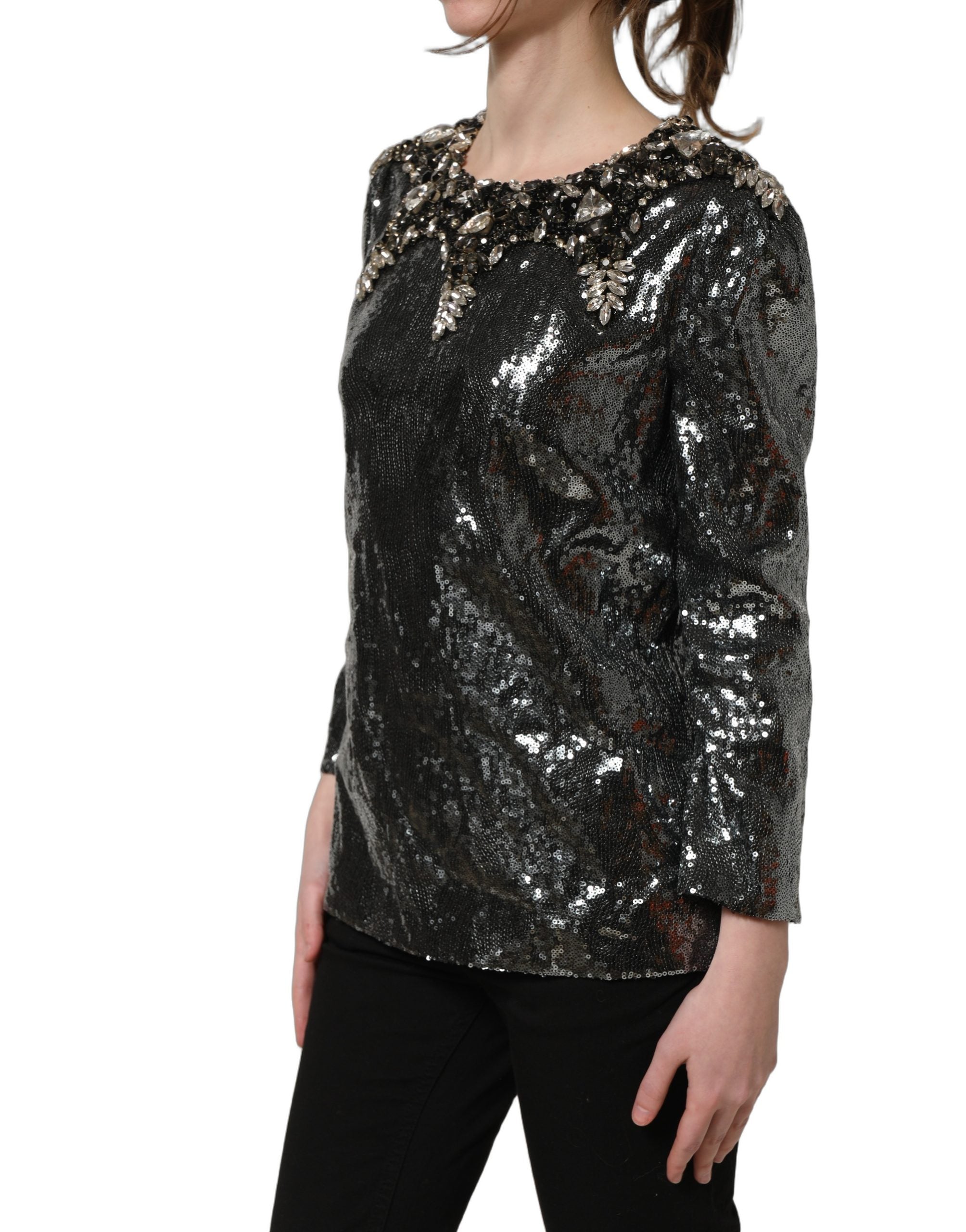 Dolce & Gabbana Metallic Gray Sequin Embellished Blouse Women's Top