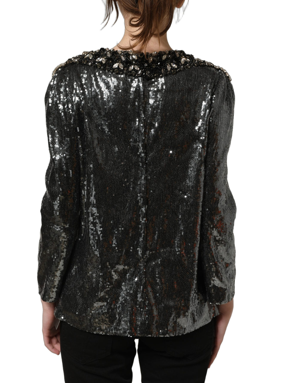 Dolce & Gabbana Metallic Gray Sequin Embellished Blouse Women's Top