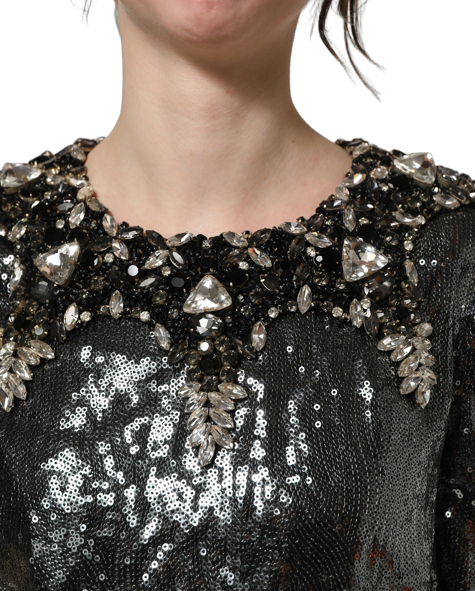 Dolce & Gabbana Metallic Gray Sequin Embellished Blouse Women's Top