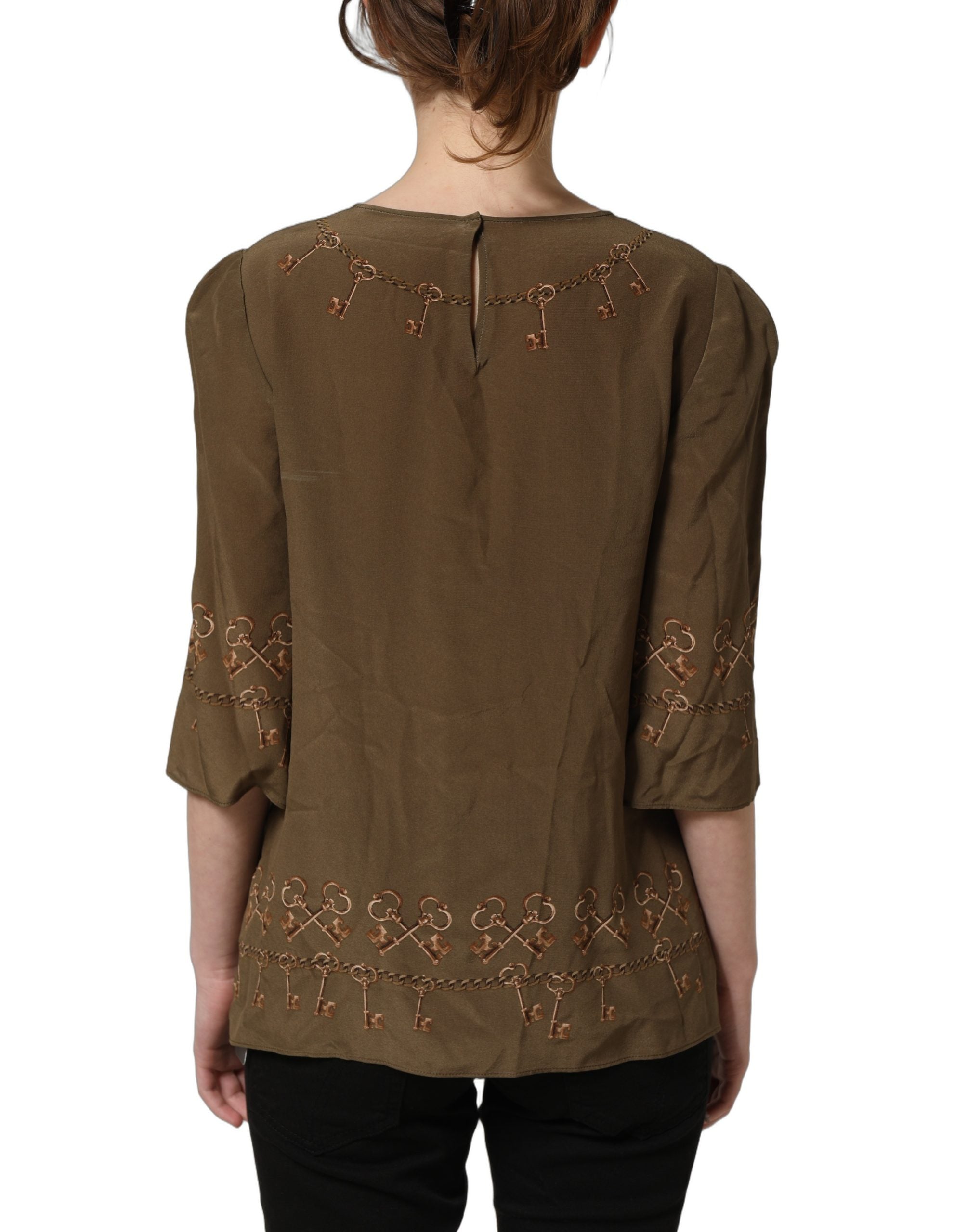 Dolce & Gabbana Brown Keys Roses Printed Silk Blouse Women's Top