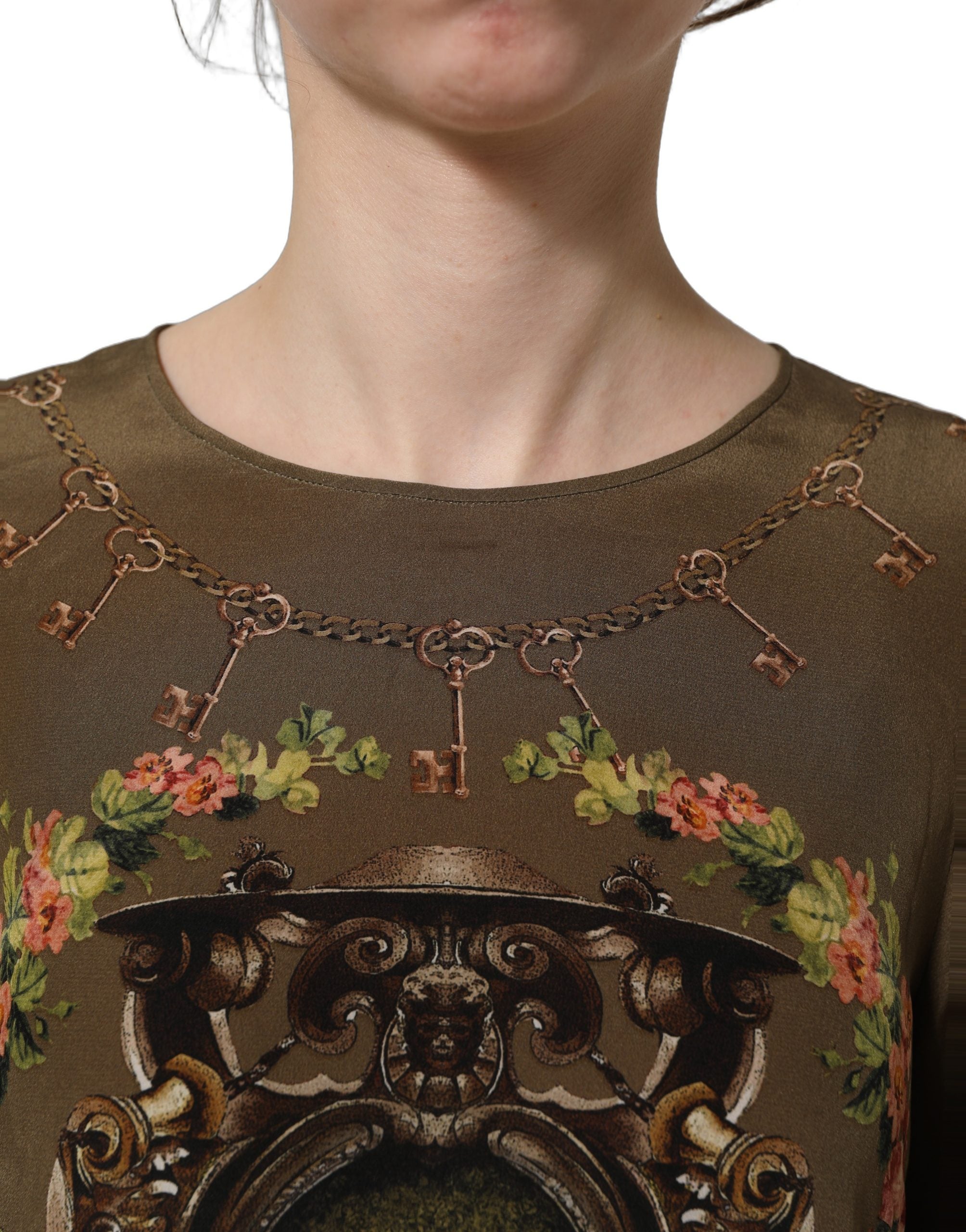 Dolce & Gabbana Brown Keys Roses Printed Silk Blouse Women's Top