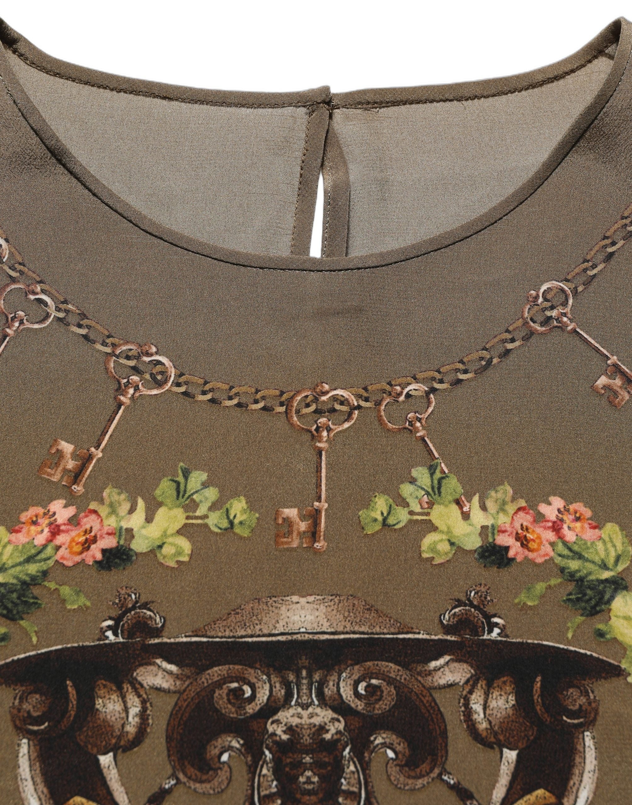 Dolce & Gabbana Brown Keys Roses Printed Silk Blouse Women's Top