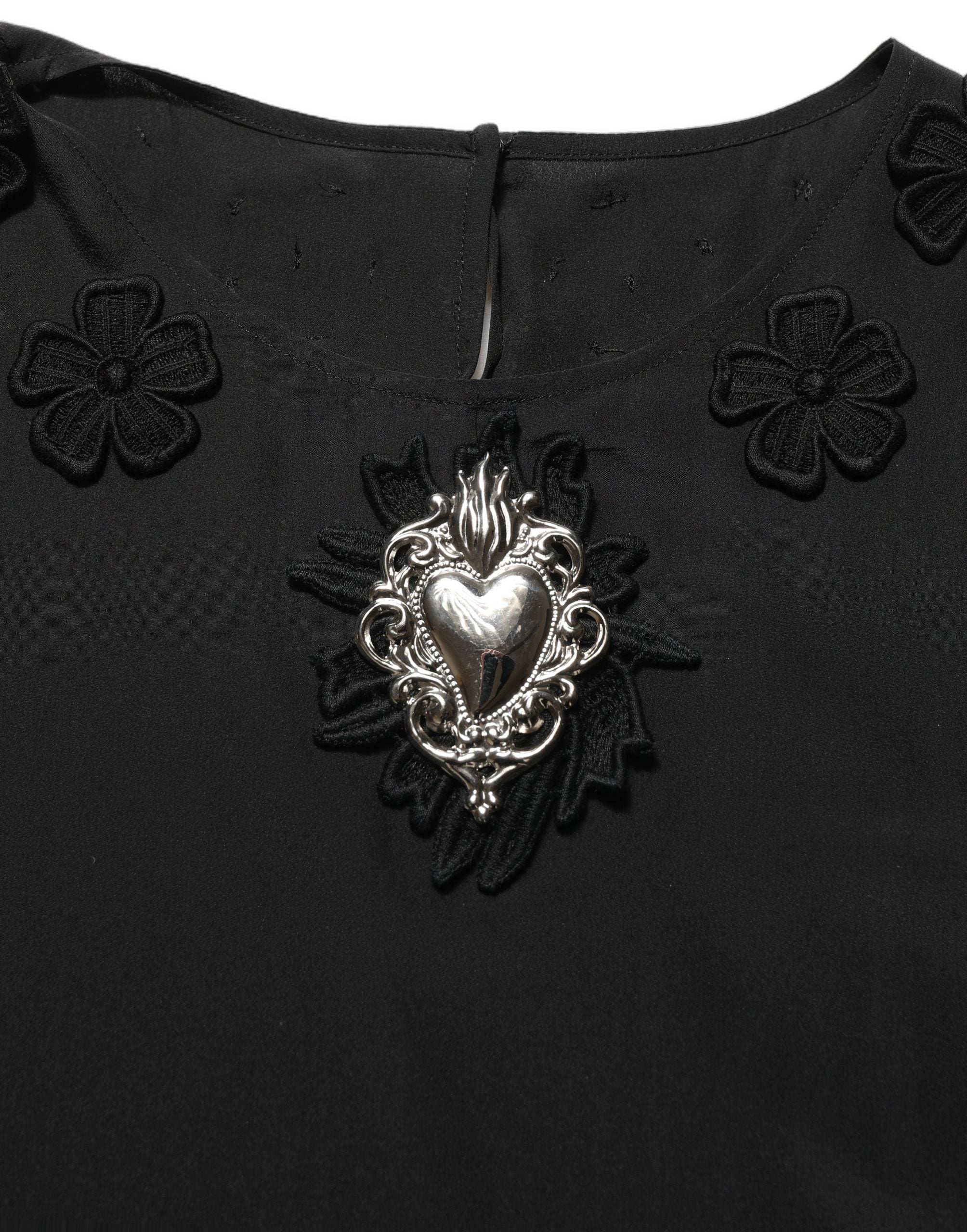 Dolce & Gabbana Black Floral Silk Heart Appliqué Blouse Women's Top