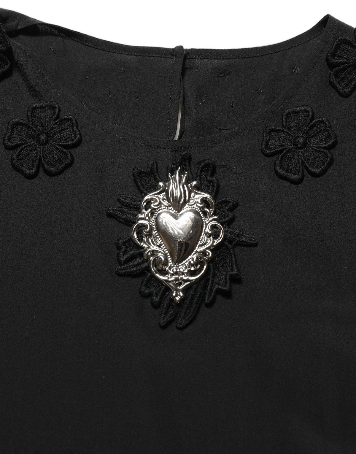 Dolce & Gabbana Black Floral Silk Heart Appliqué Blouse Women's Top