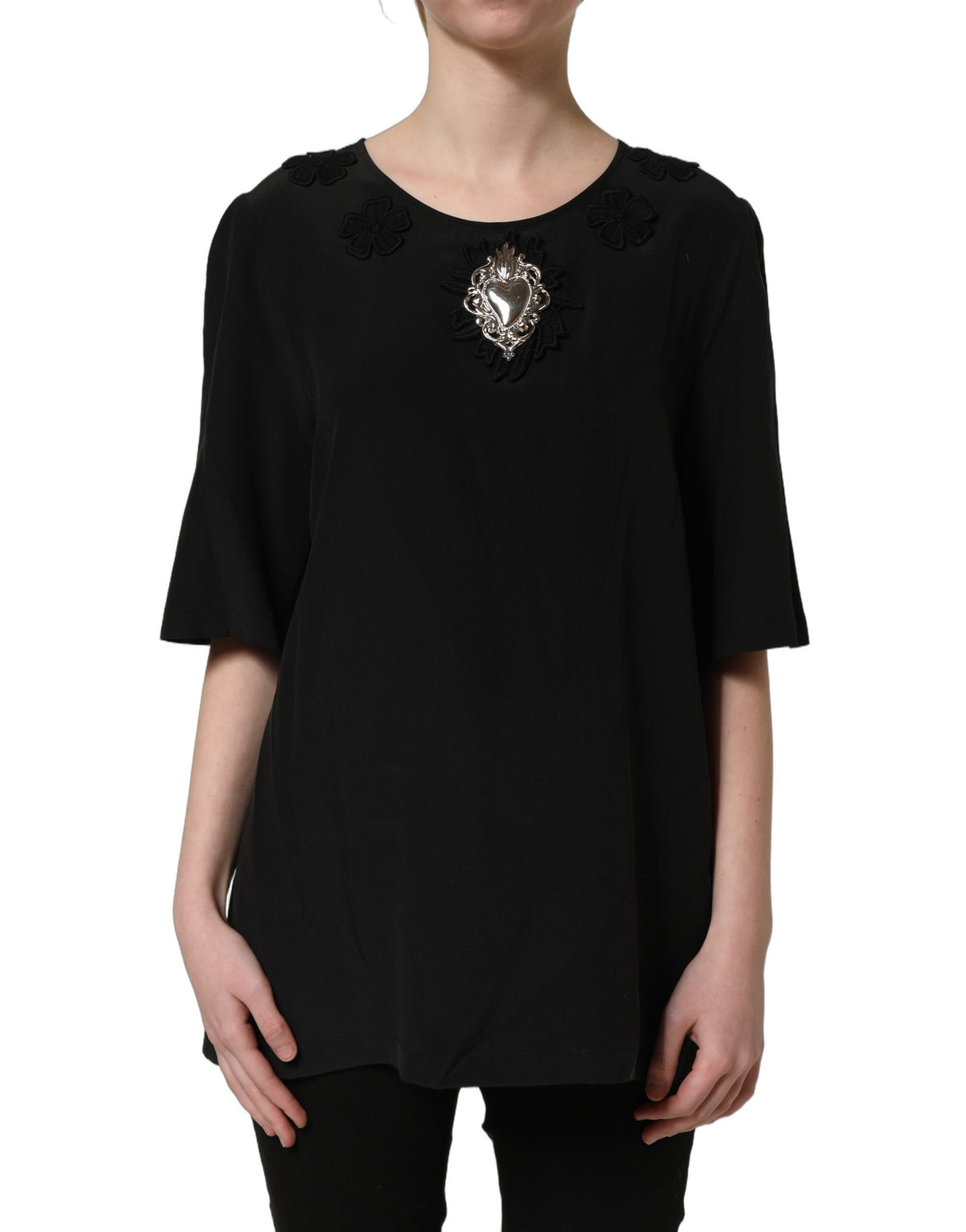 Dolce & Gabbana Black Floral Silk Heart Appliqué Blouse Women's Top