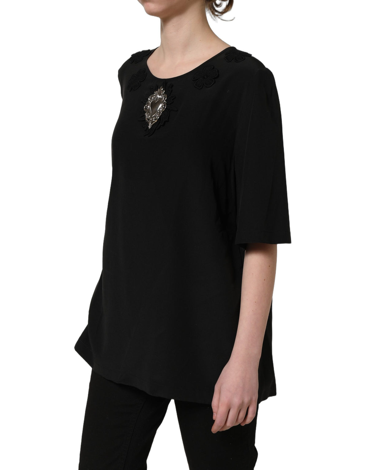 Dolce & Gabbana Black Floral Silk Heart Appliqué Blouse Women's Top