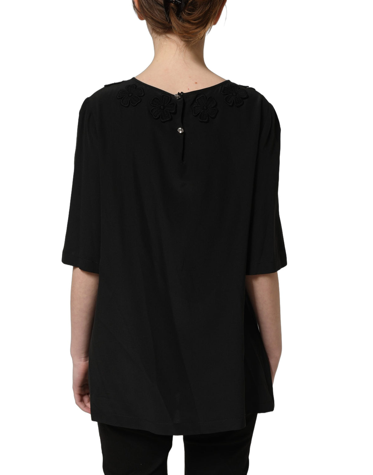 Dolce & Gabbana Black Floral Silk Heart Appliqué Blouse Women's Top