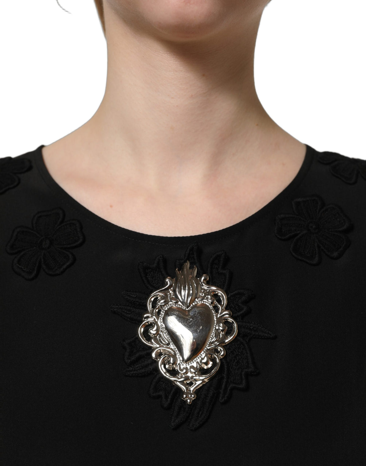 Dolce & Gabbana Black Floral Silk Heart Appliqué Blouse Women's Top