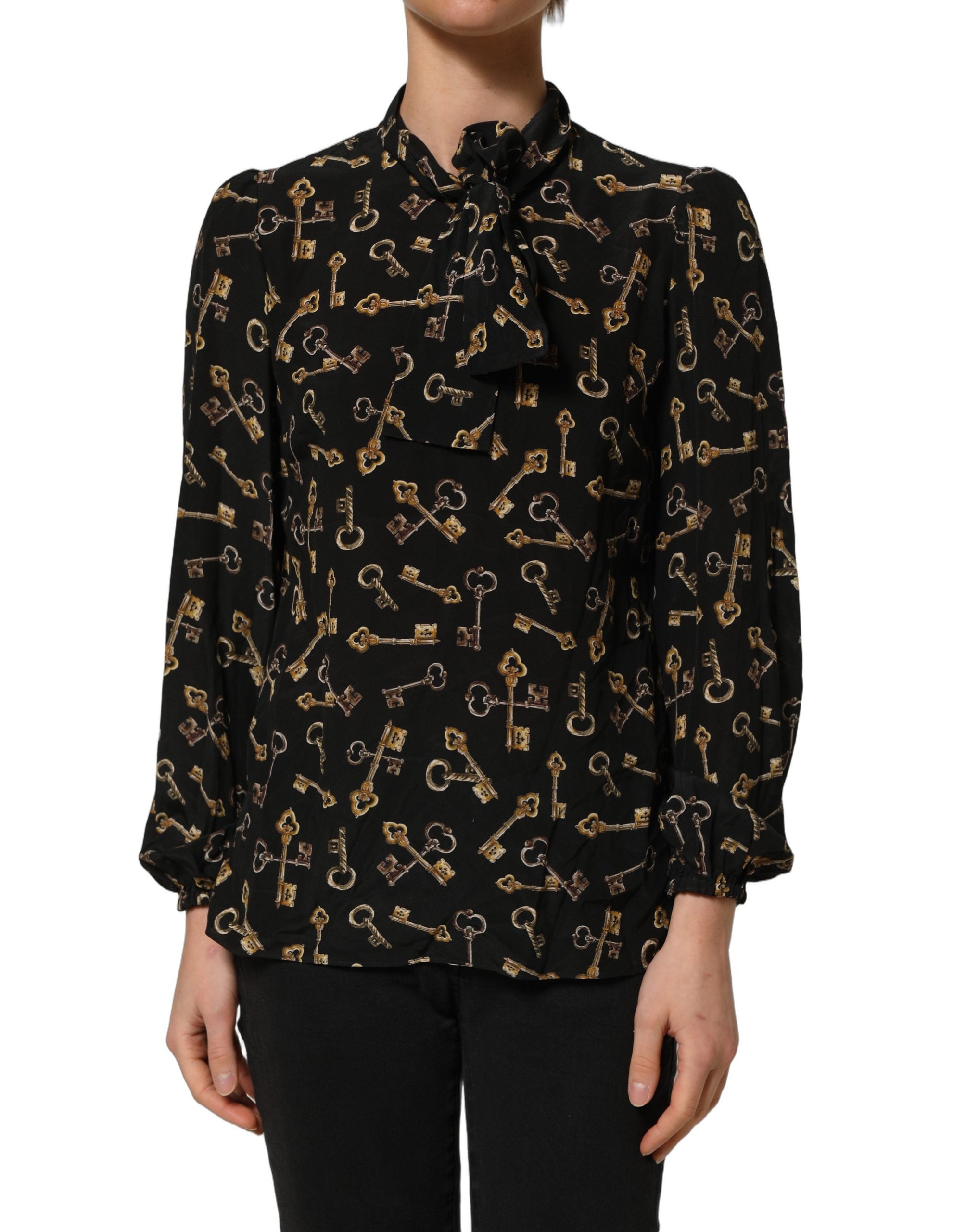 Dolce & Gabbana Black Keys Print Silk Tie Neck Blouse Women's Top