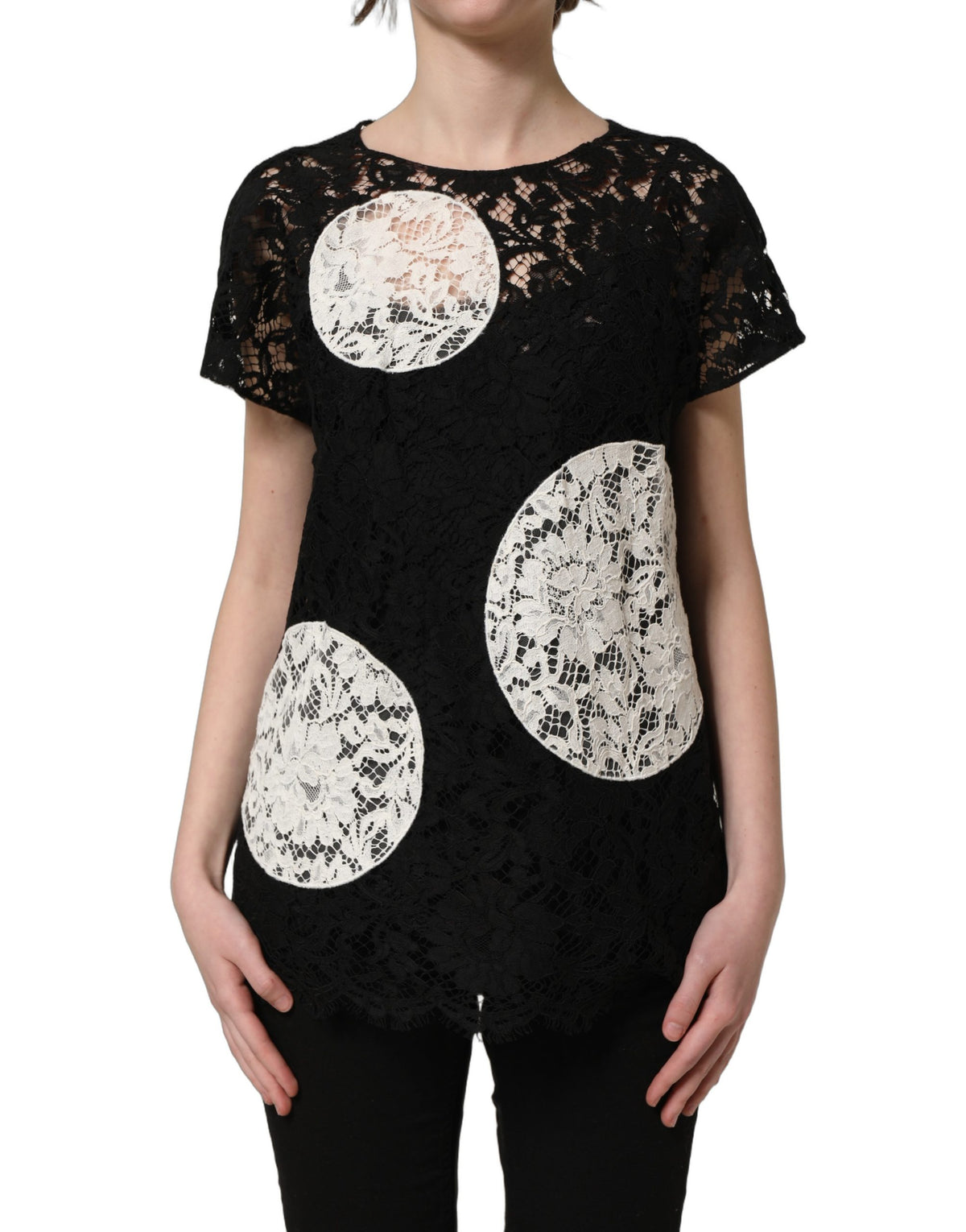 Dolce & Gabbana Black White Floral Lace Short Sleeve Blouse Women's Top