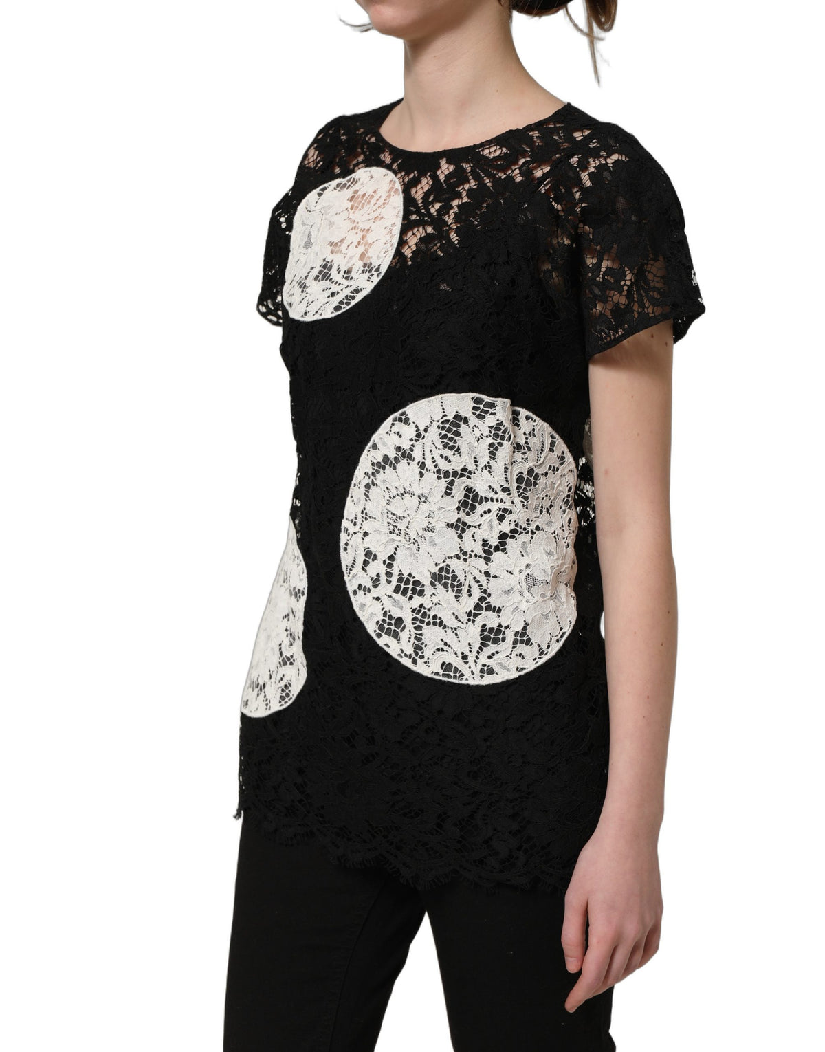 Dolce & Gabbana Black White Floral Lace Short Sleeve Blouse Women's Top