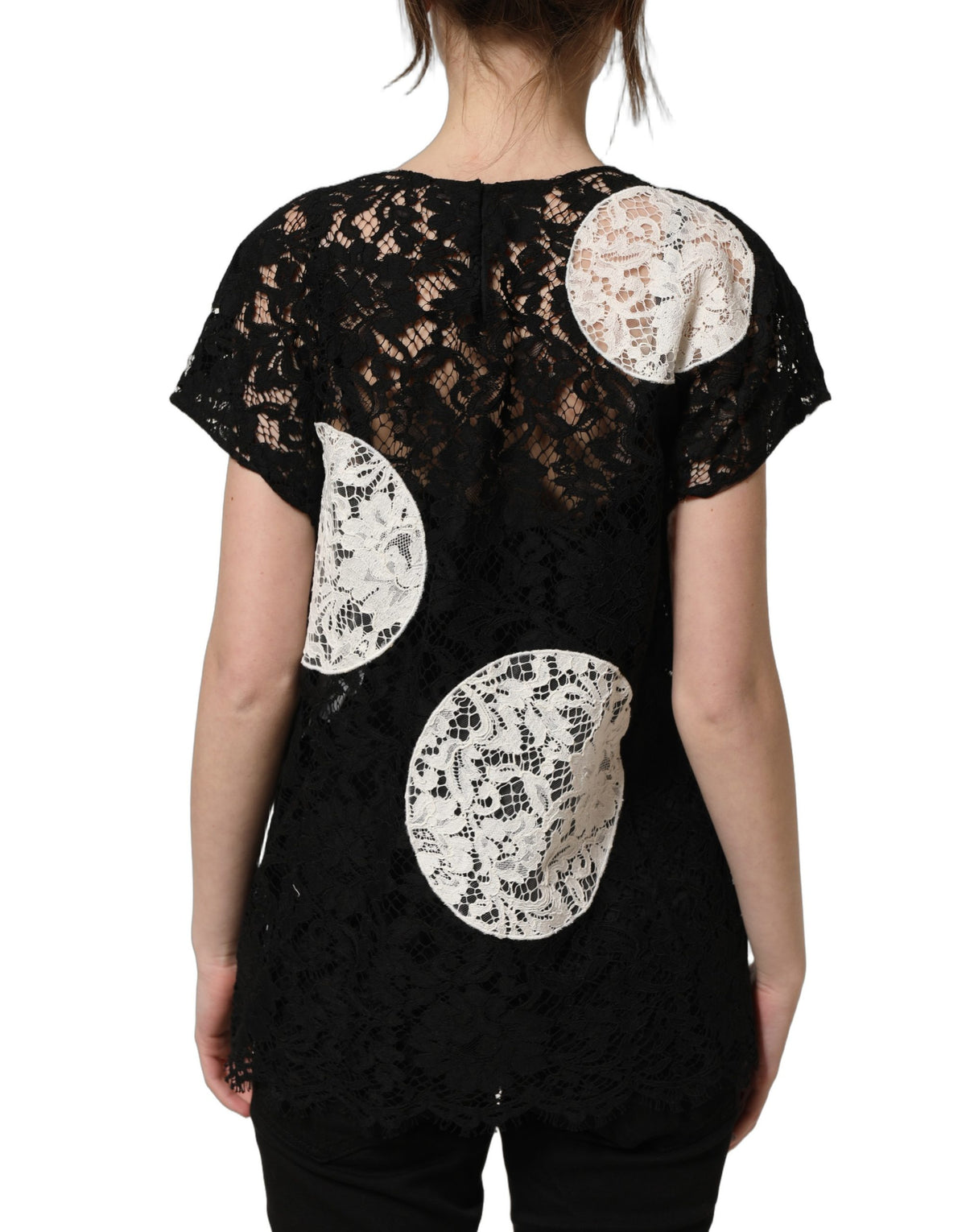 Dolce & Gabbana Black White Floral Lace Short Sleeve Blouse Women's Top