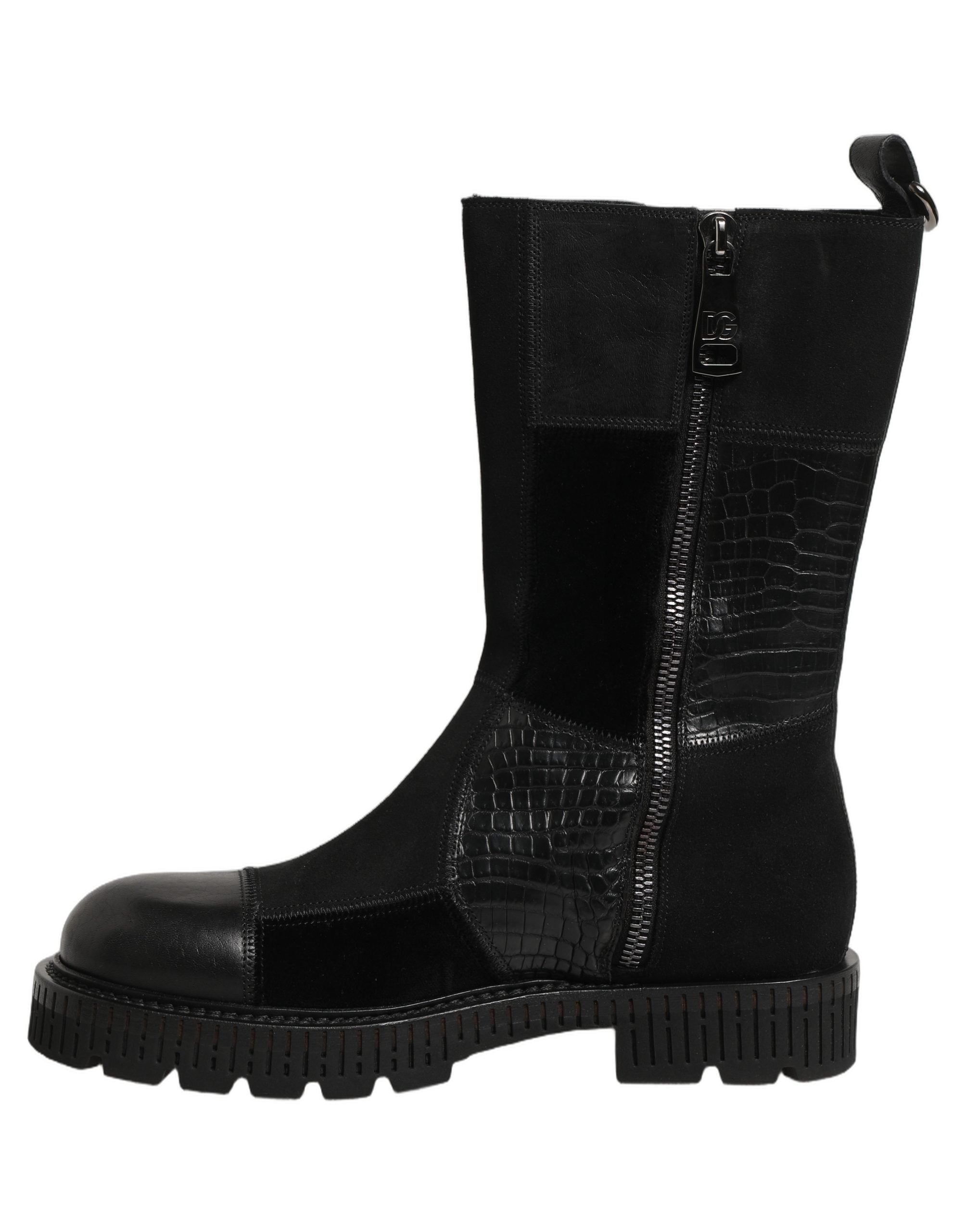Dolce & Gabbana Black Patchwork Leather Mid Calf Boots Men's Shoes