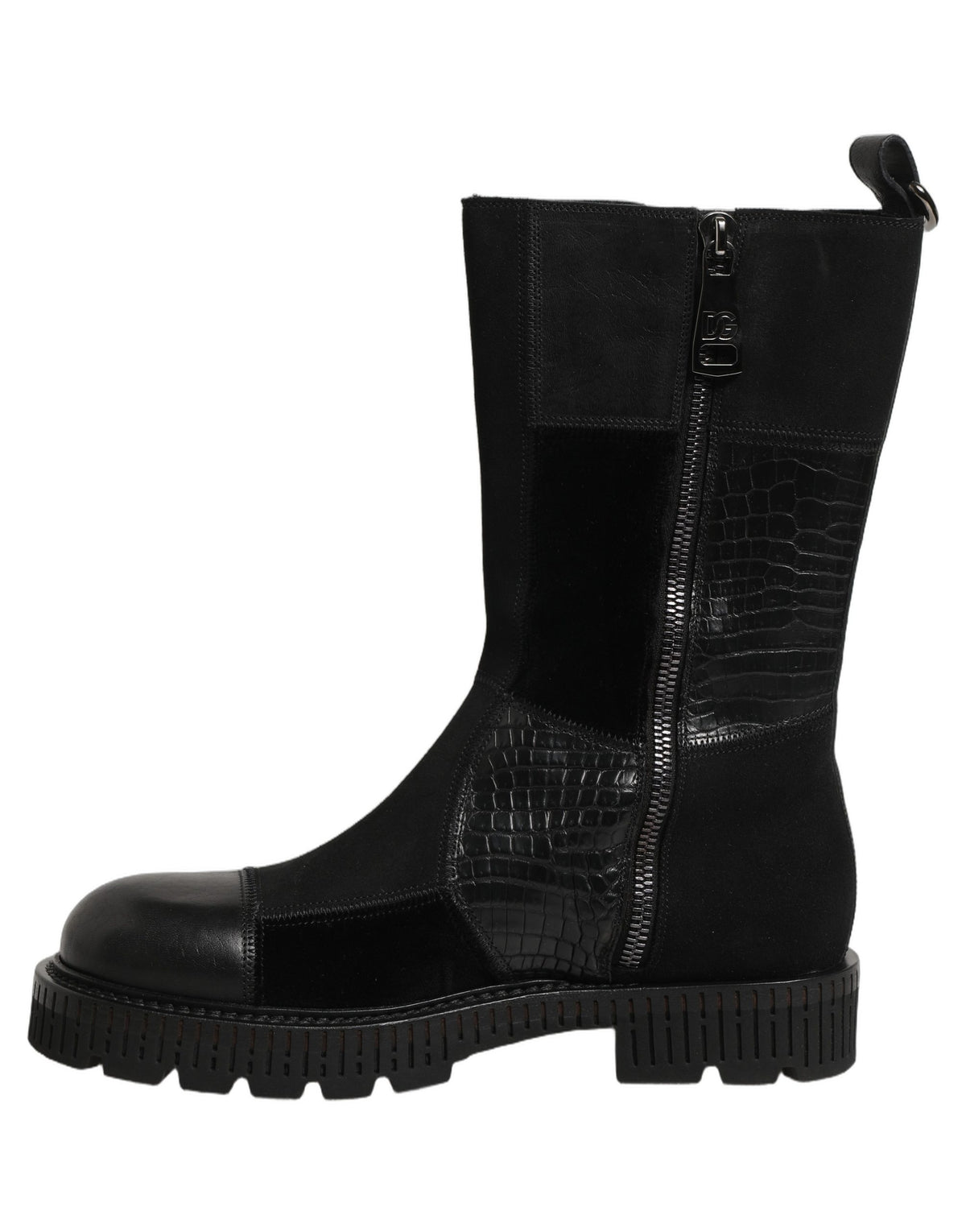 Dolce & Gabbana Black Patchwork Leather Mid Calf Boots Men's Shoes