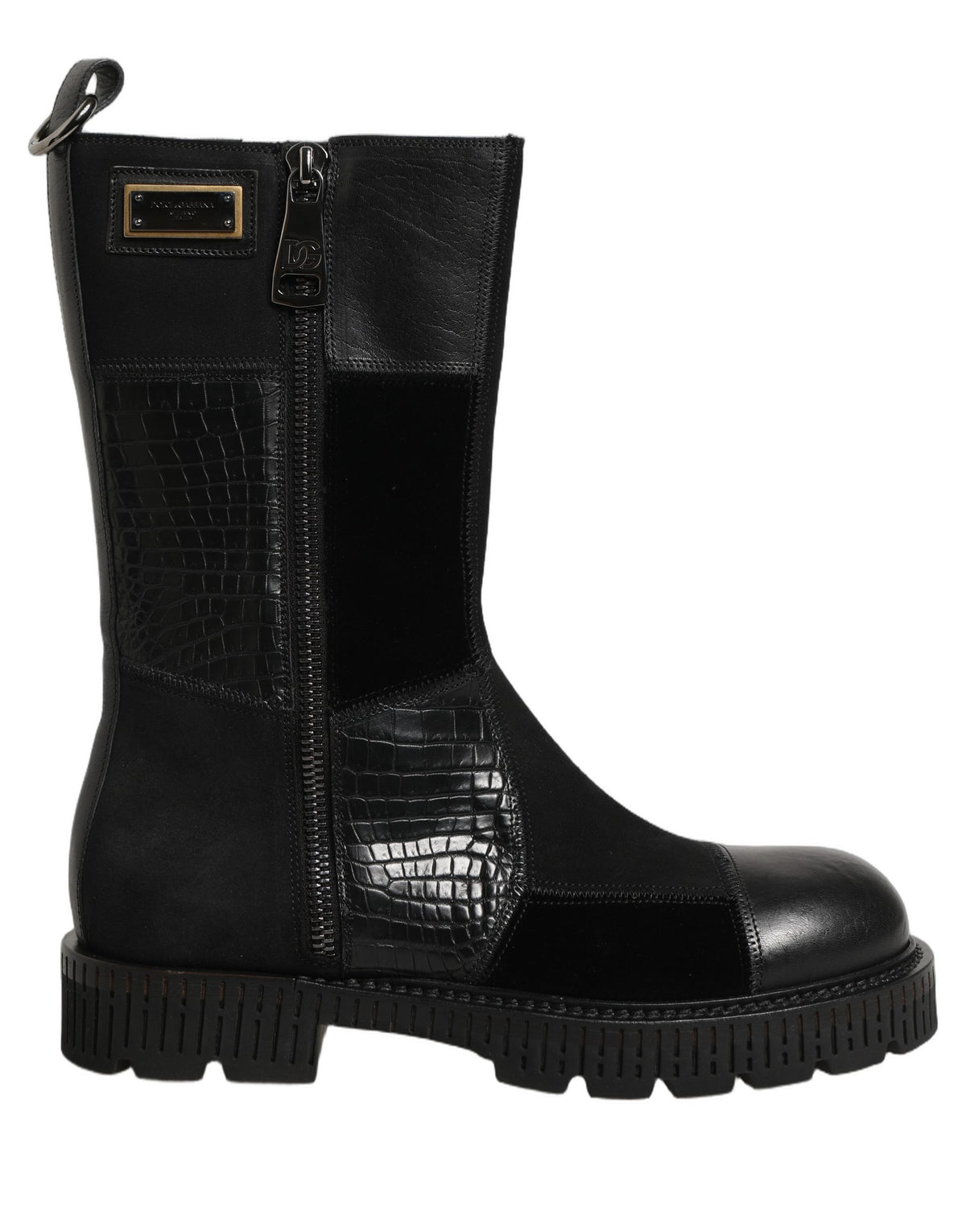 Dolce & Gabbana Black Patchwork Leather Mid Calf Boots Men's Shoes