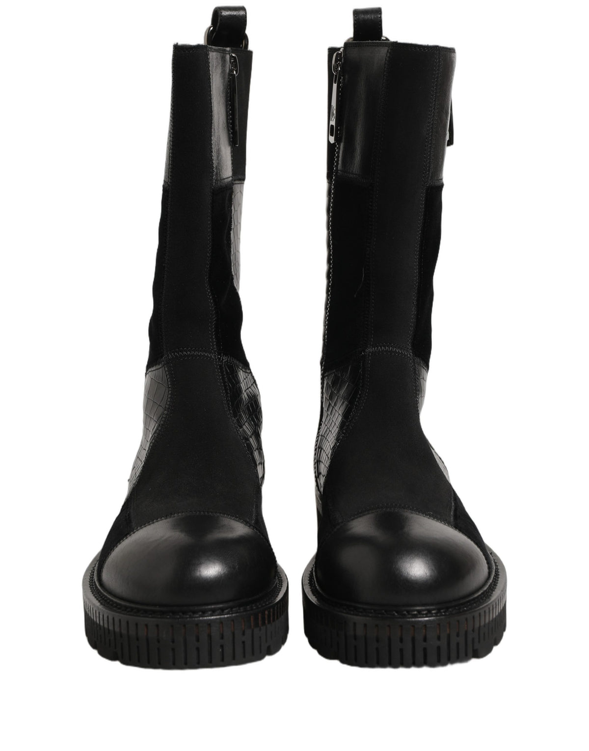 Dolce & Gabbana Black Patchwork Leather Mid Calf Boots Men's Shoes