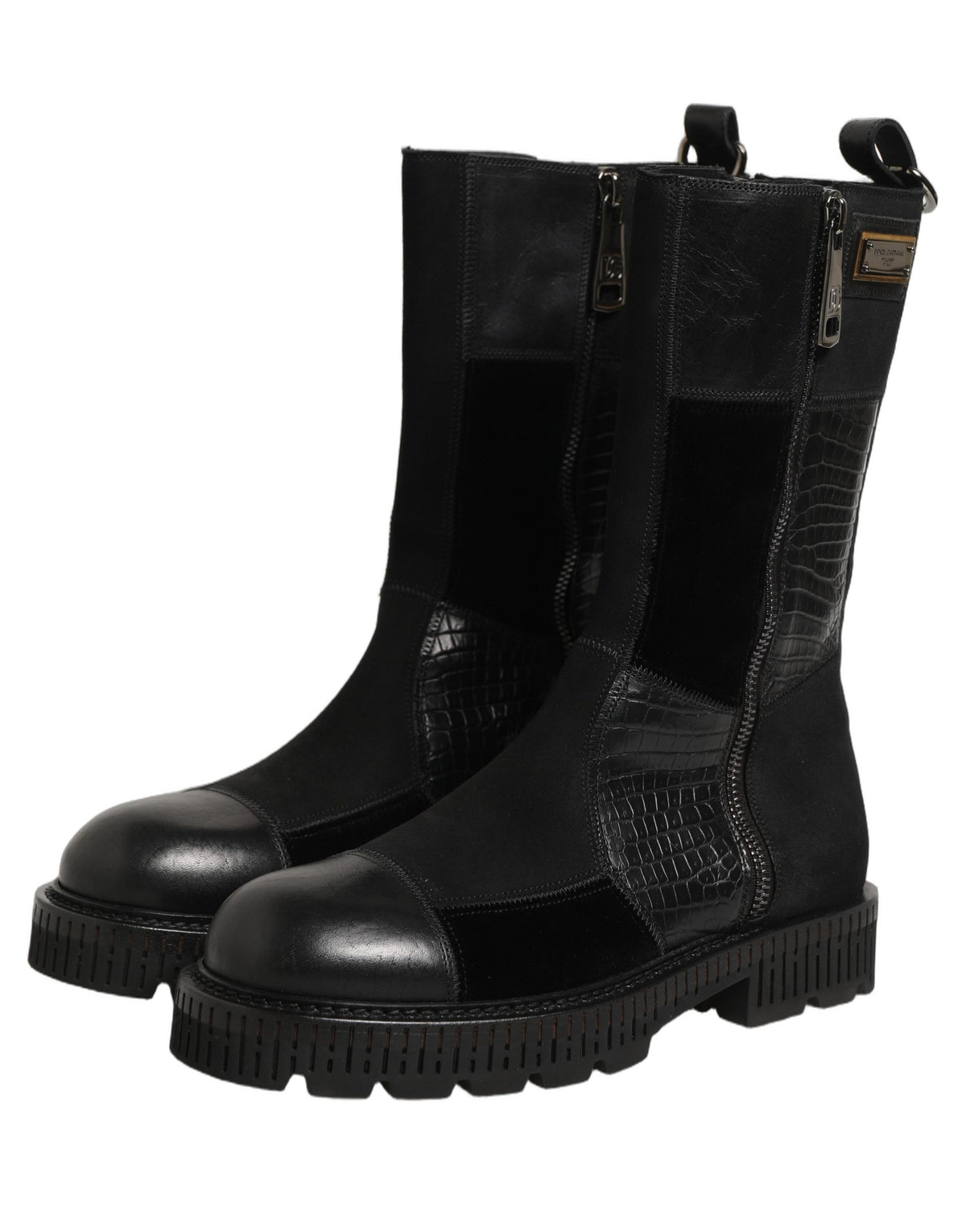 Dolce & Gabbana Black Patchwork Leather Mid Calf Boots Men's Shoes
