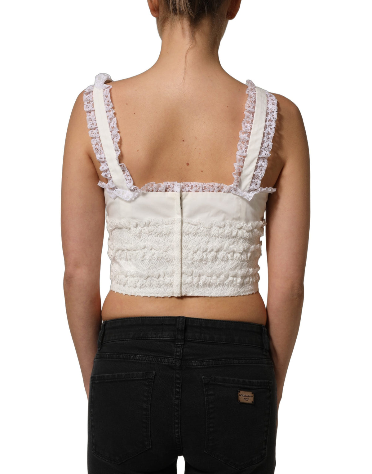Dolce & Gabbana White Lace Trimmed Cotton Cropped Tank Women's Top (Pre-Owned)