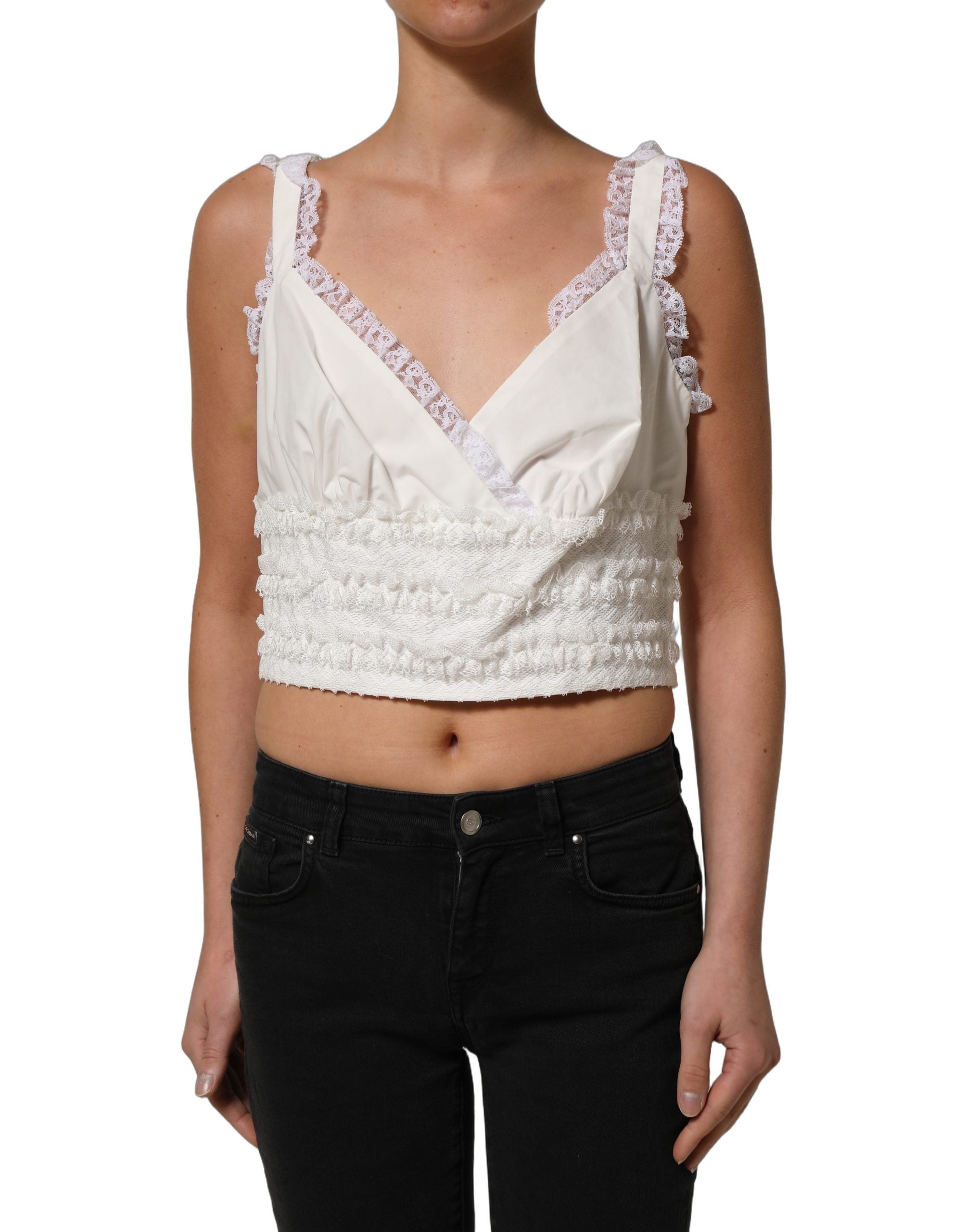 Dolce & Gabbana White Lace Trimmed Cotton Cropped Tank Women's Top (Pre-Owned)