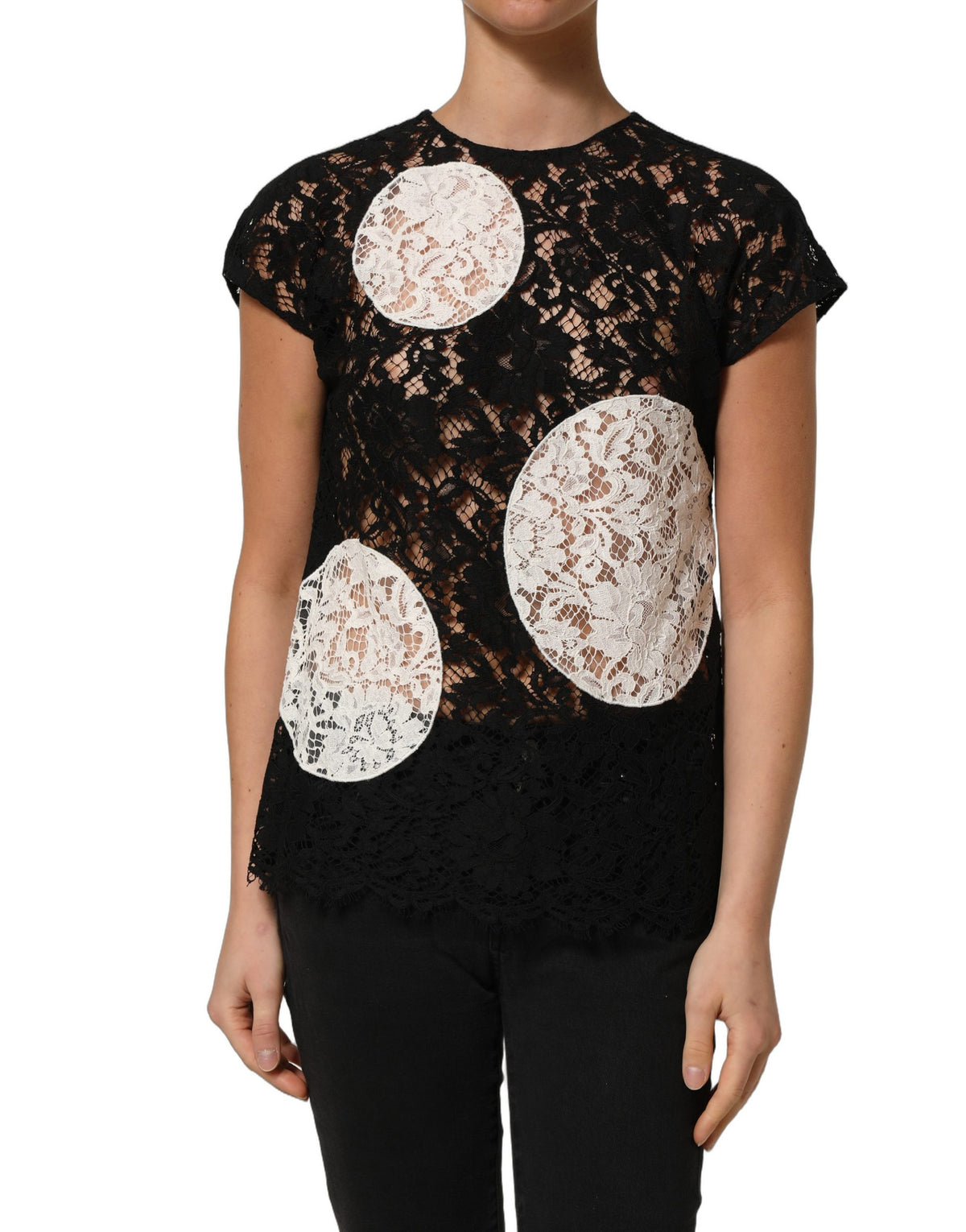Dolce & Gabbana Black White Floral Lace Short Sleeve Blouse Women's Top