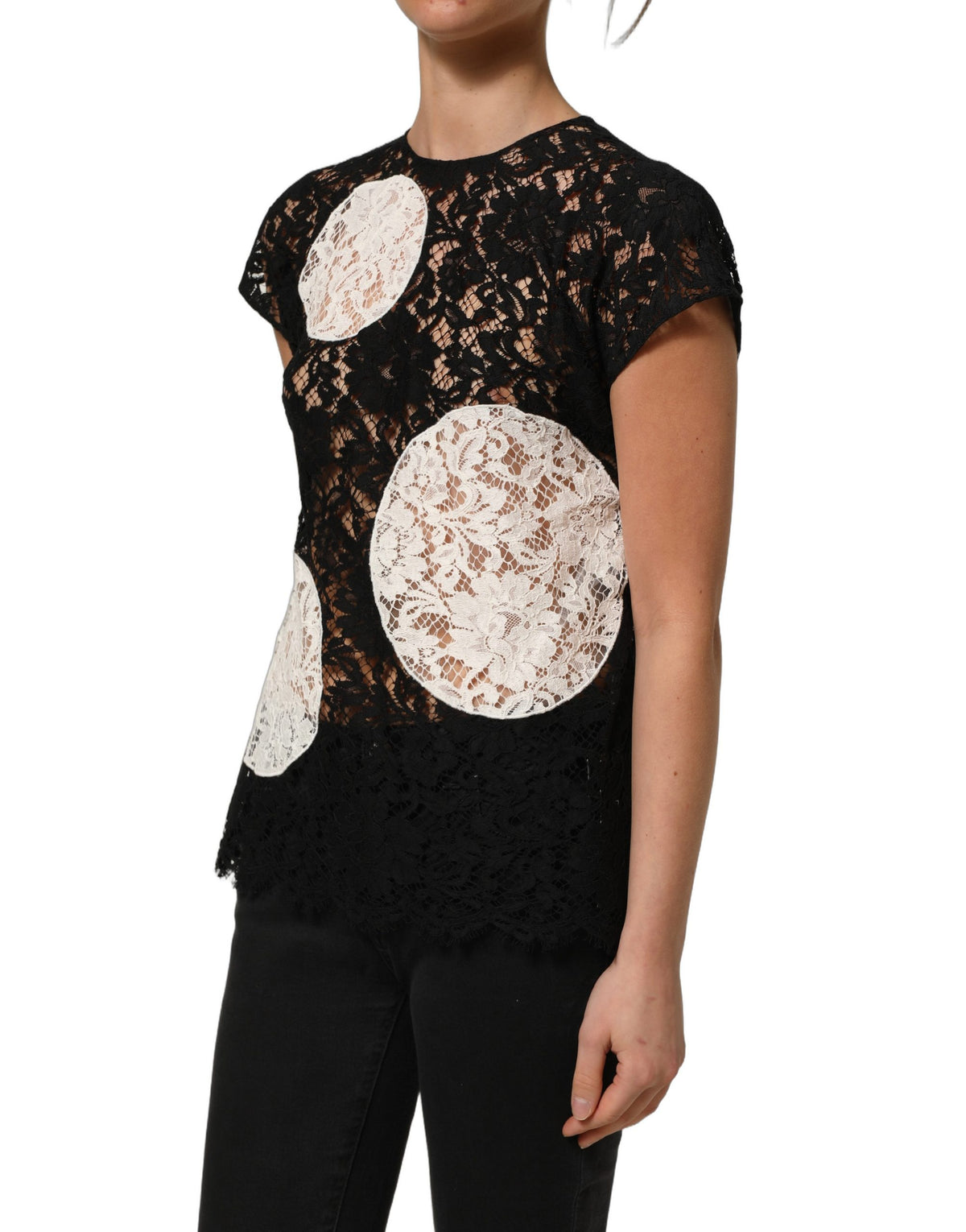 Dolce & Gabbana Black White Floral Lace Short Sleeve Blouse Women's Top