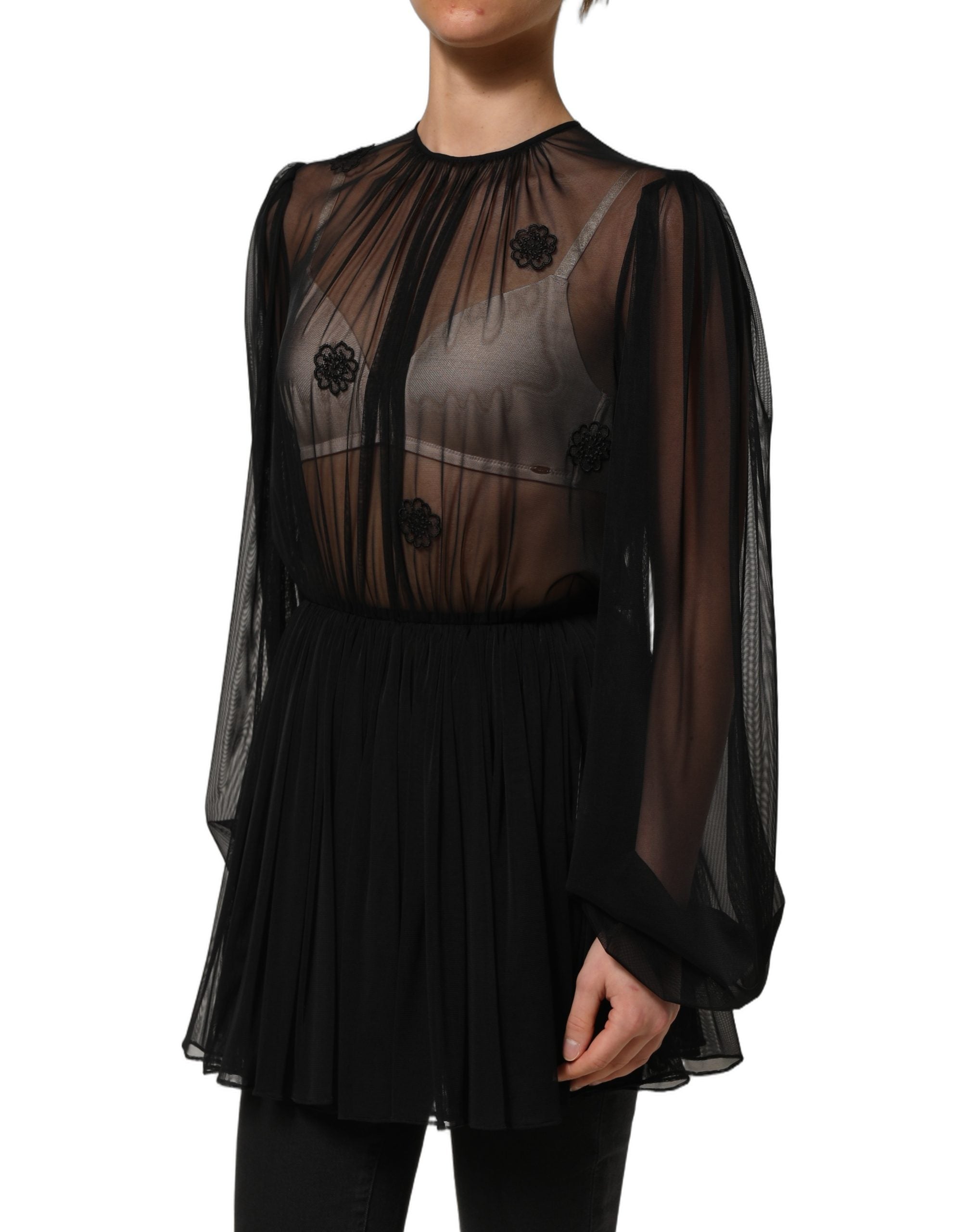 Dolce & Gabbana Black Polyester Mesh Sheer Crewneck Blouse Women's Top (Pre-Owned)