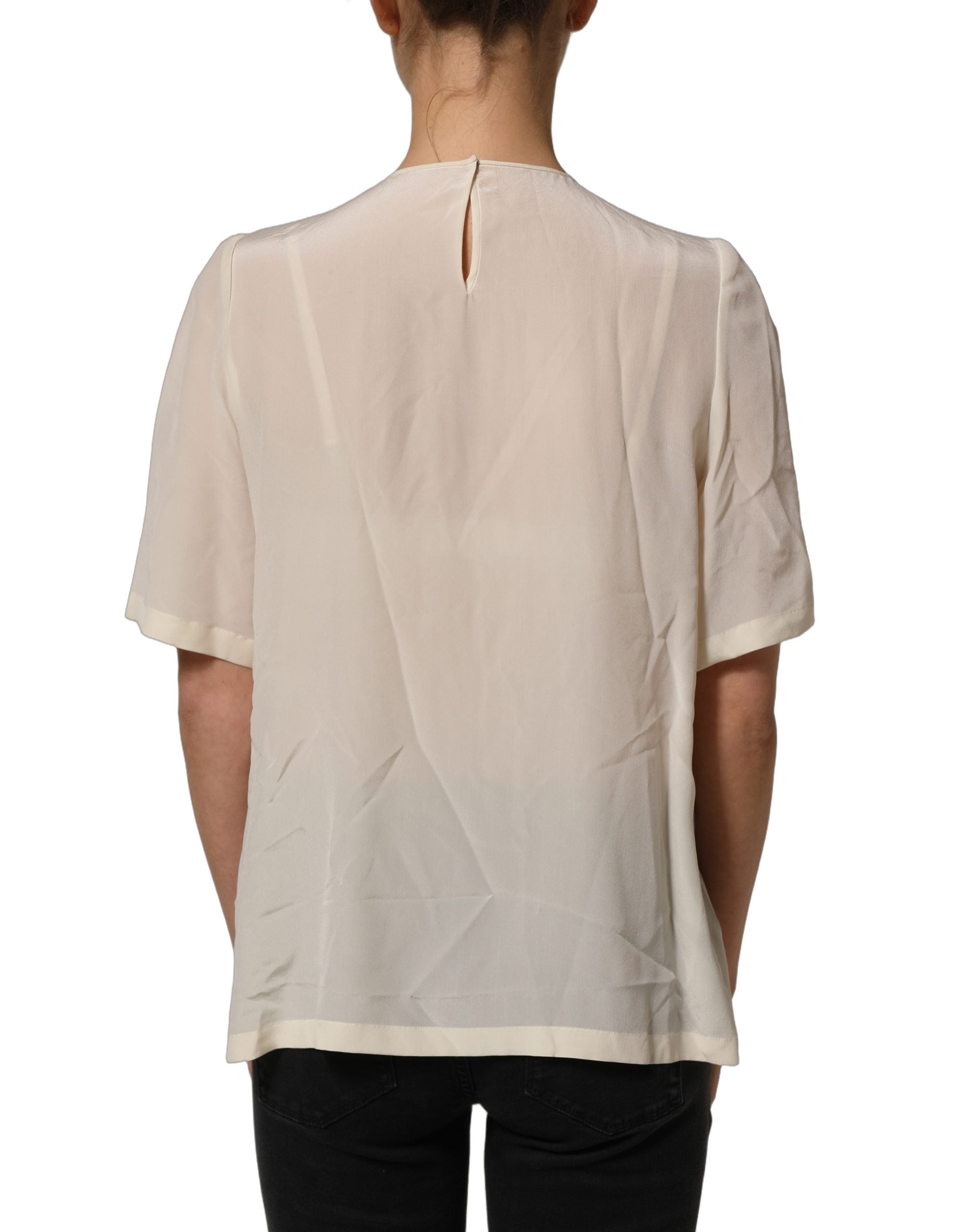 Dolce & Gabbana Beige Lace Trim Bow Short Sleeves Blouse Women's Top