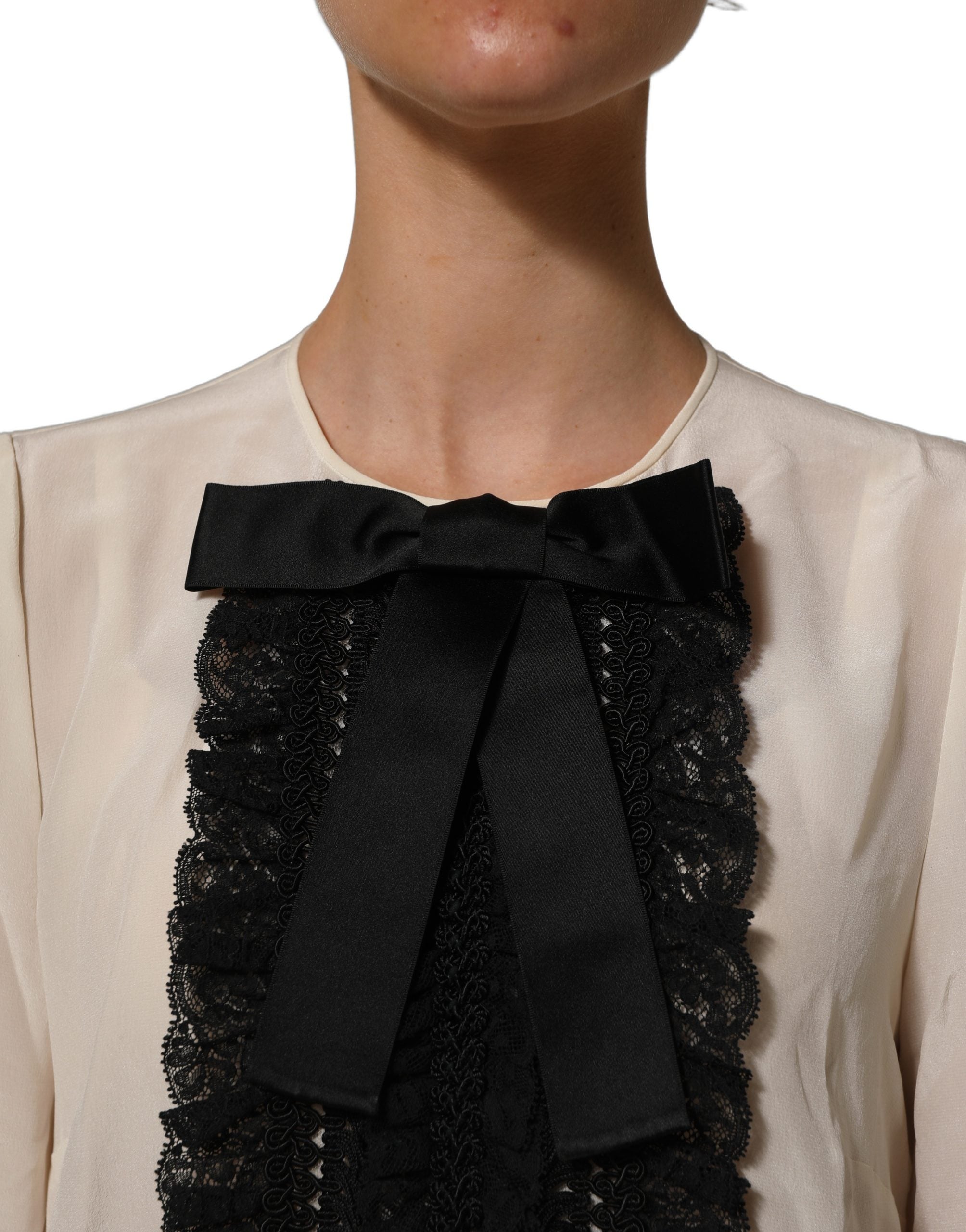 Dolce & Gabbana Beige Lace Trim Bow Short Sleeves Blouse Women's Top