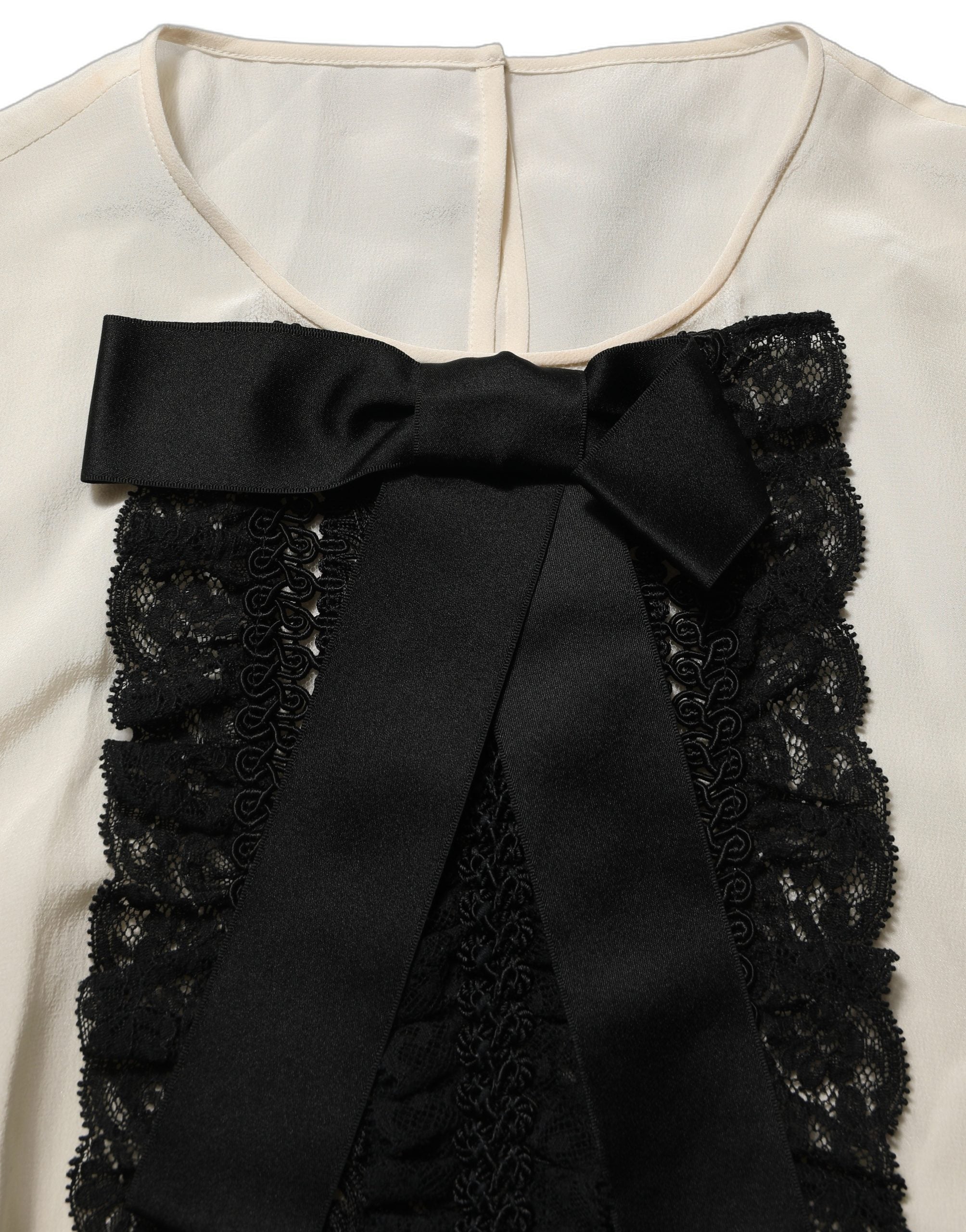Dolce & Gabbana Beige Lace Trim Bow Short Sleeves Blouse Women's Top