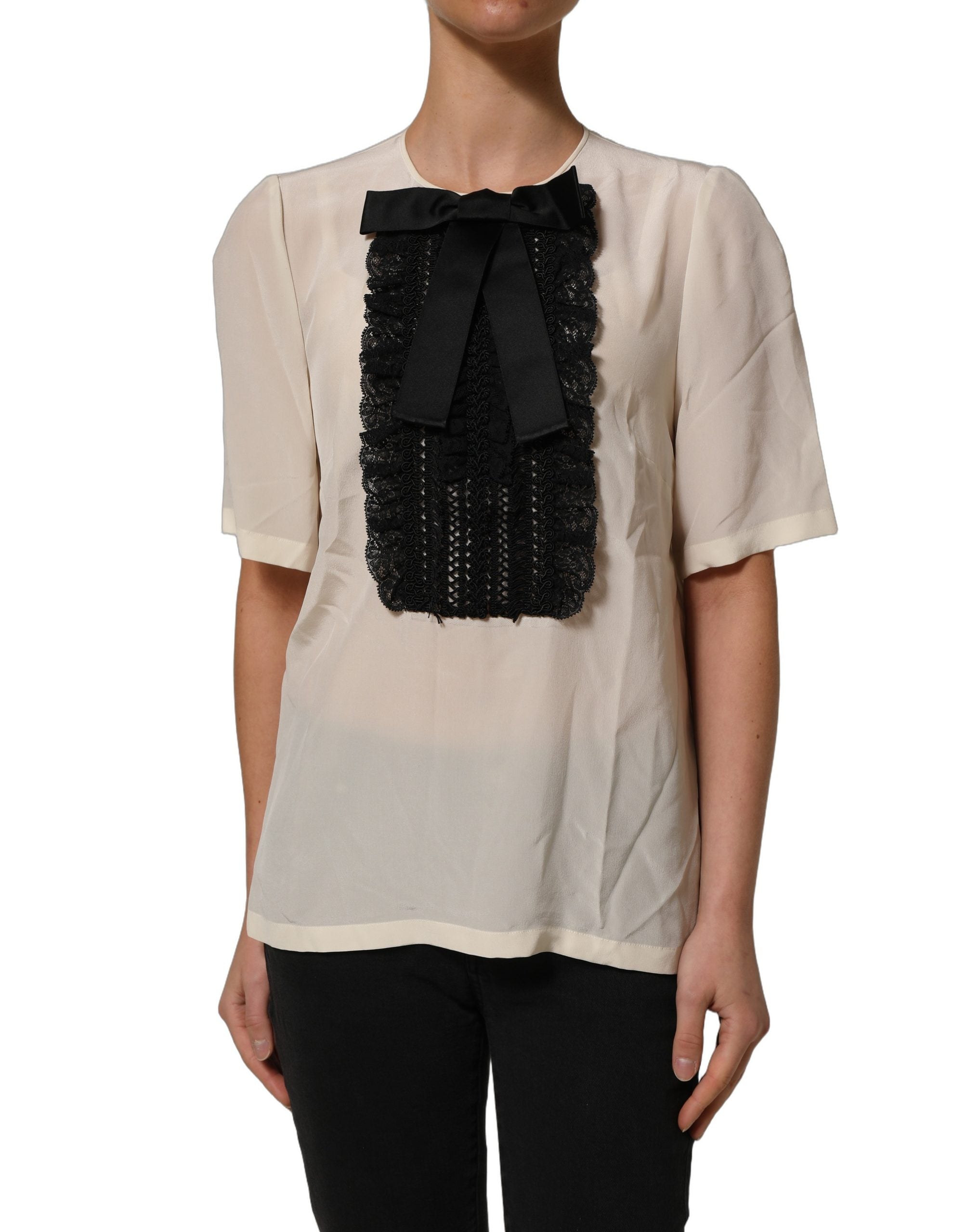 Dolce & Gabbana Beige Lace Trim Bow Short Sleeves Blouse Women's Top