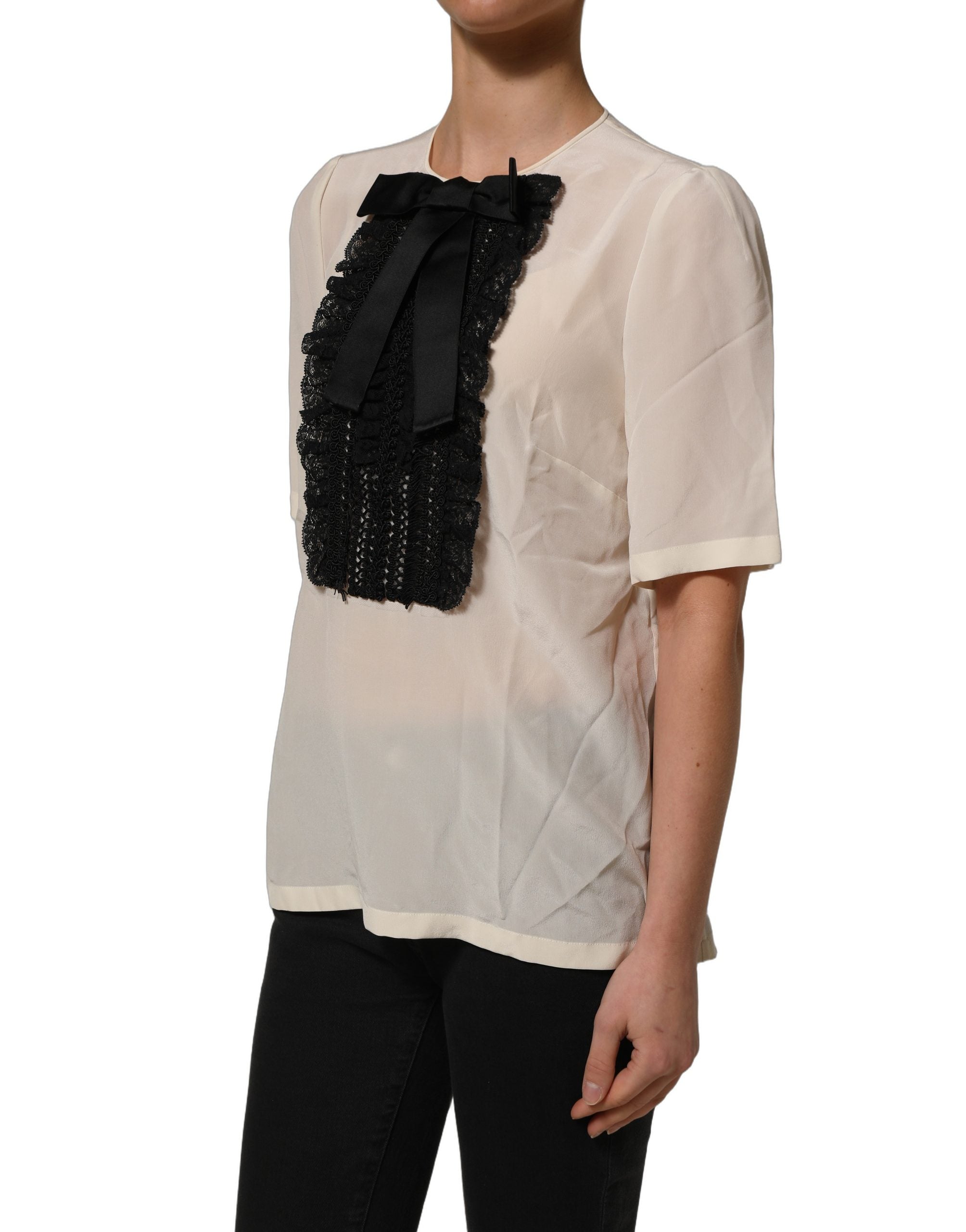 Dolce & Gabbana Beige Lace Trim Bow Short Sleeves Blouse Women's Top