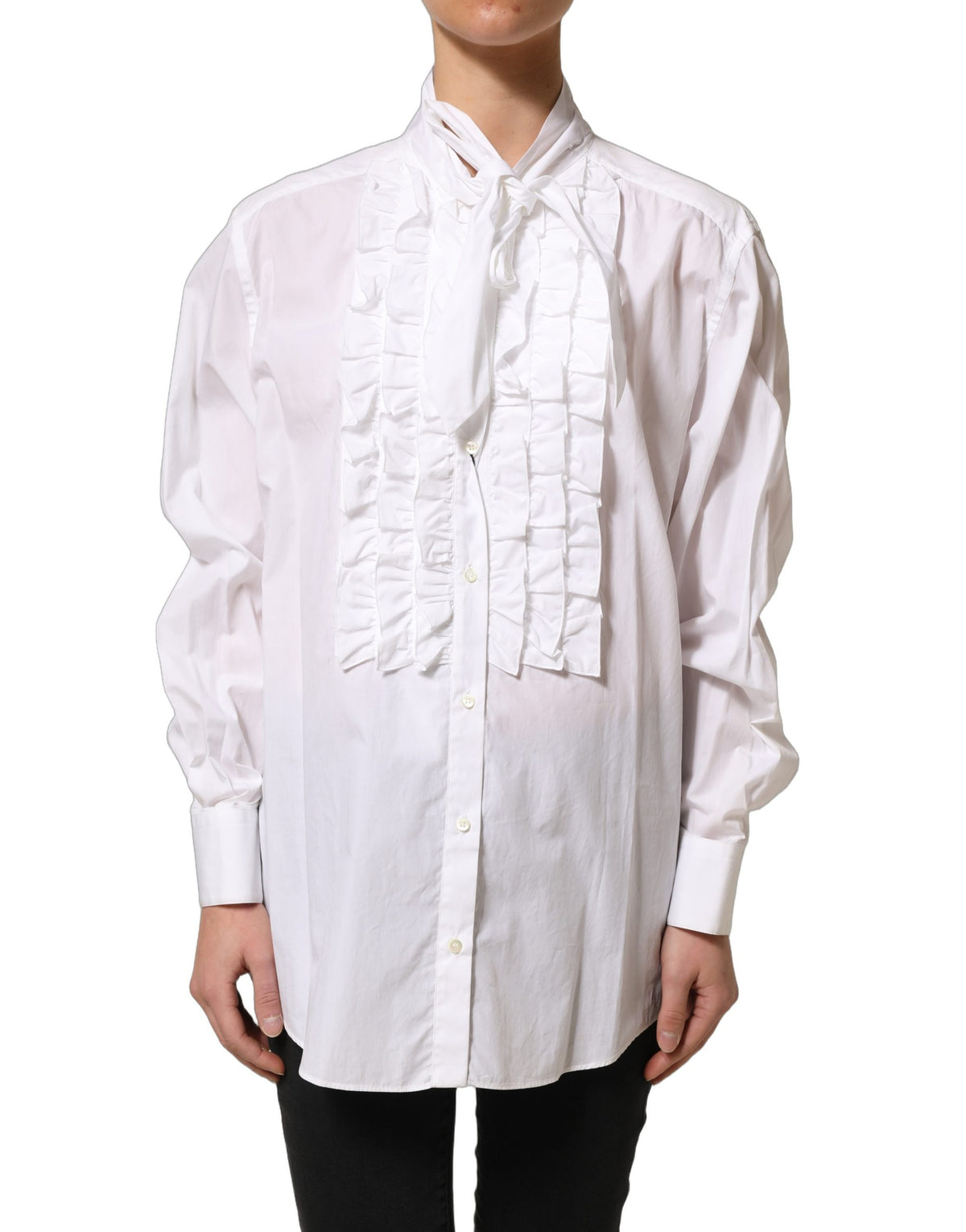 Dolce & Gabbana White Ruffled Bib Long Sleeves Blouse Women's Top