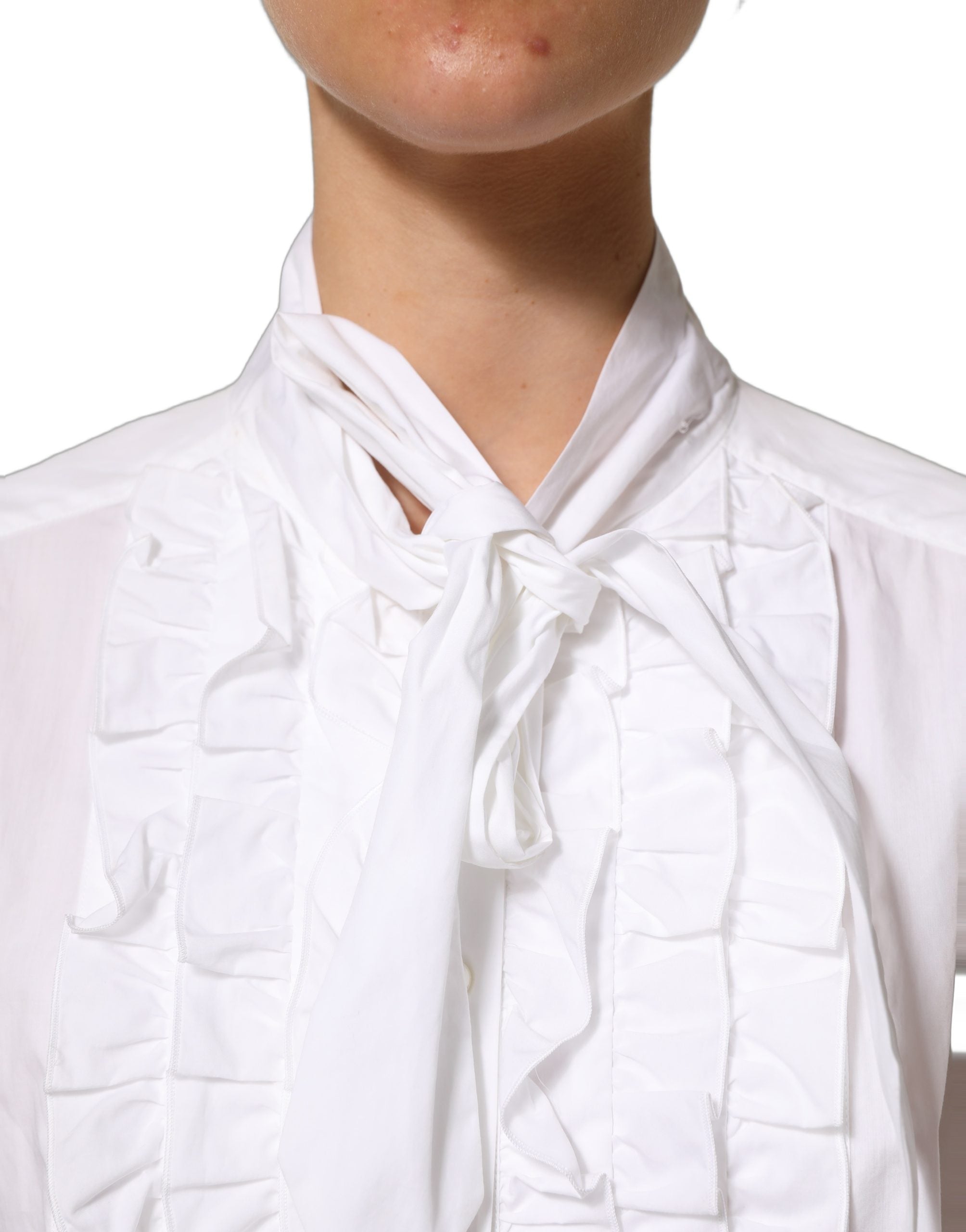 Dolce & Gabbana White Ruffled Bib Long Sleeves Blouse Women's Top