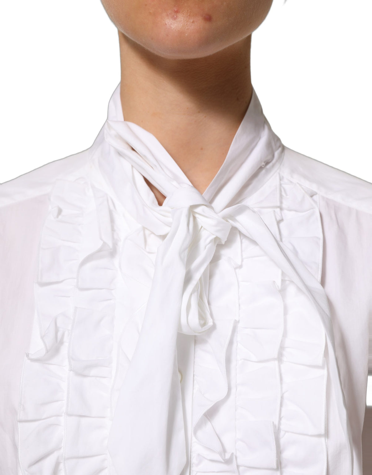 Dolce & Gabbana White Ruffled Bib Long Sleeves Blouse Women's Top