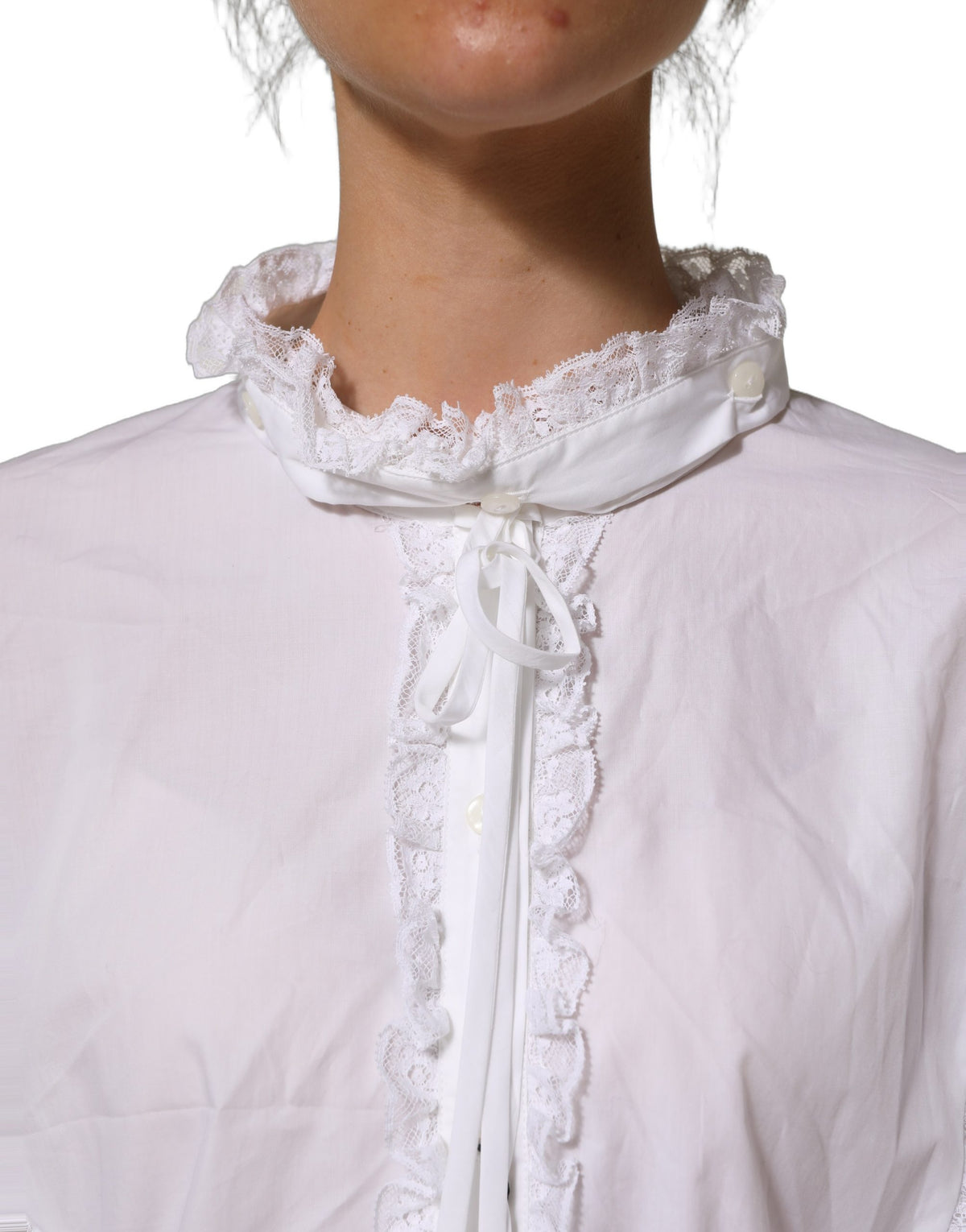 Dolce & Gabbana White Ruffled Lace Embellished Blouse Women's Top