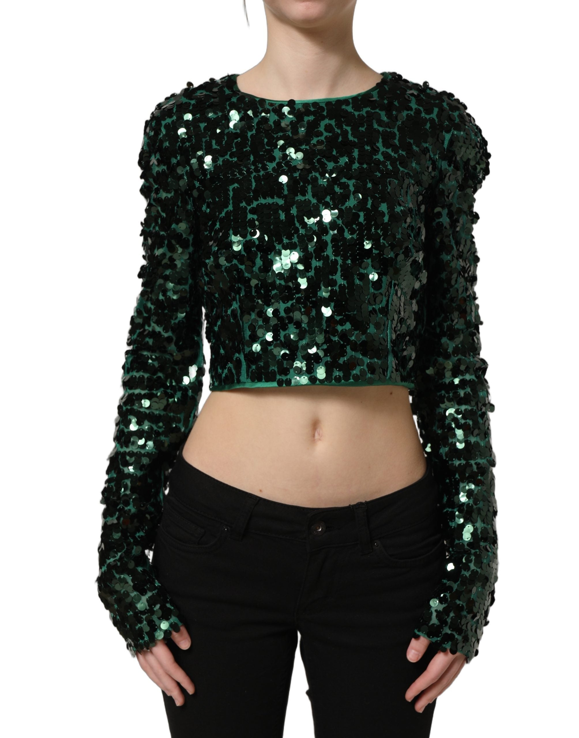 Dolce & Gabbana Green Sequined Long Sleeves Crop Blouse Women's Top