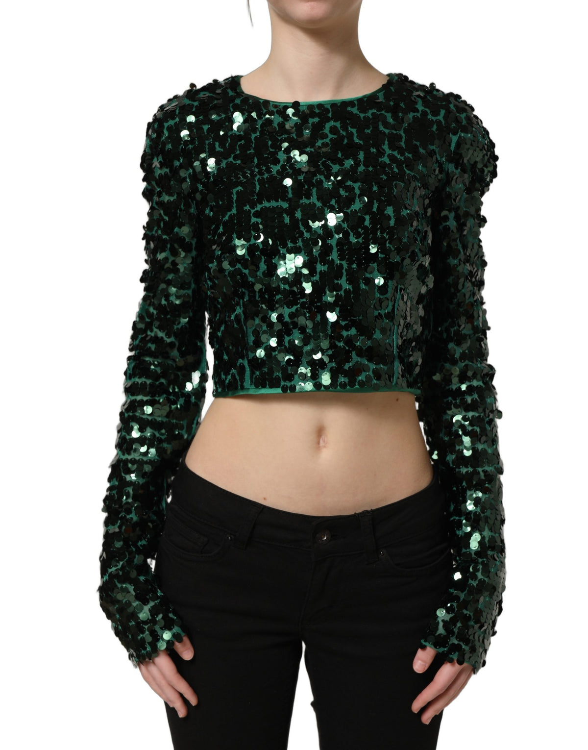 Dolce & Gabbana Green Sequined Long Sleeves Crop Blouse Women's Top