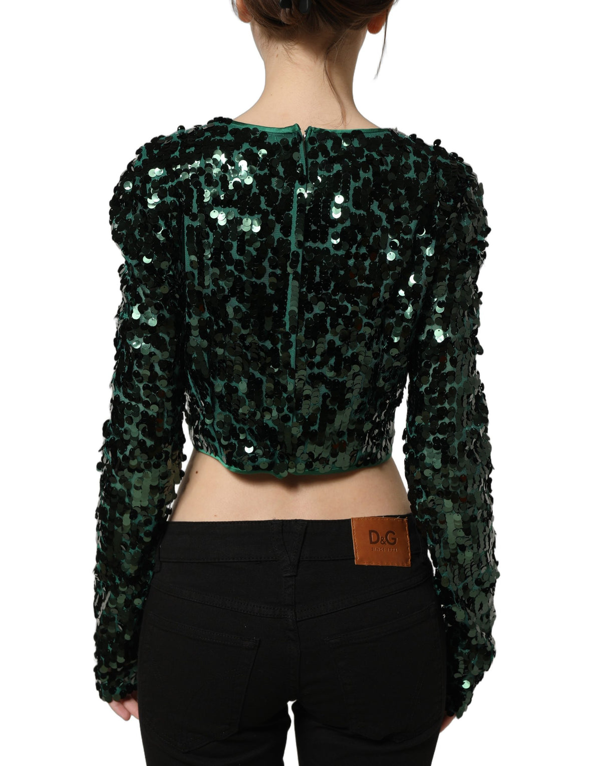 Dolce & Gabbana Green Sequined Long Sleeves Crop Blouse Women's Top