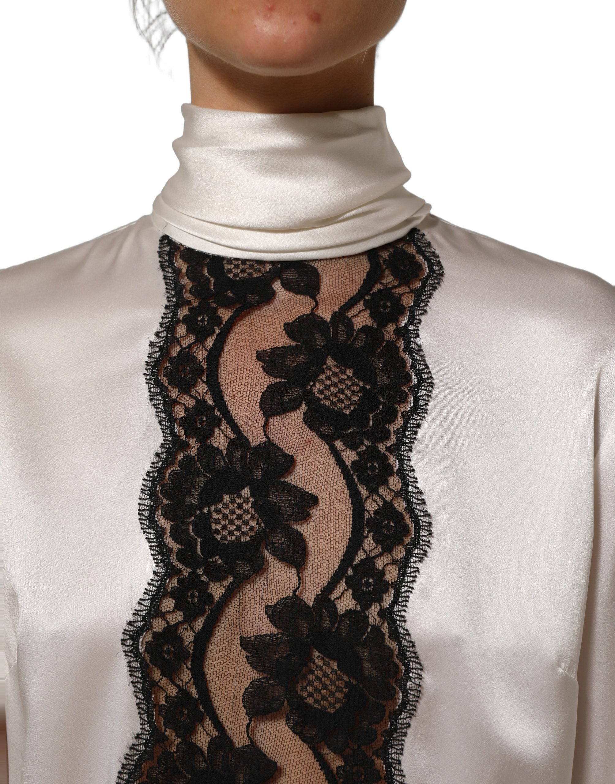 Dolce & Gabbana White satin Lace Trim LOng Sleeves Blouse Women's Top (Pre-Owned)